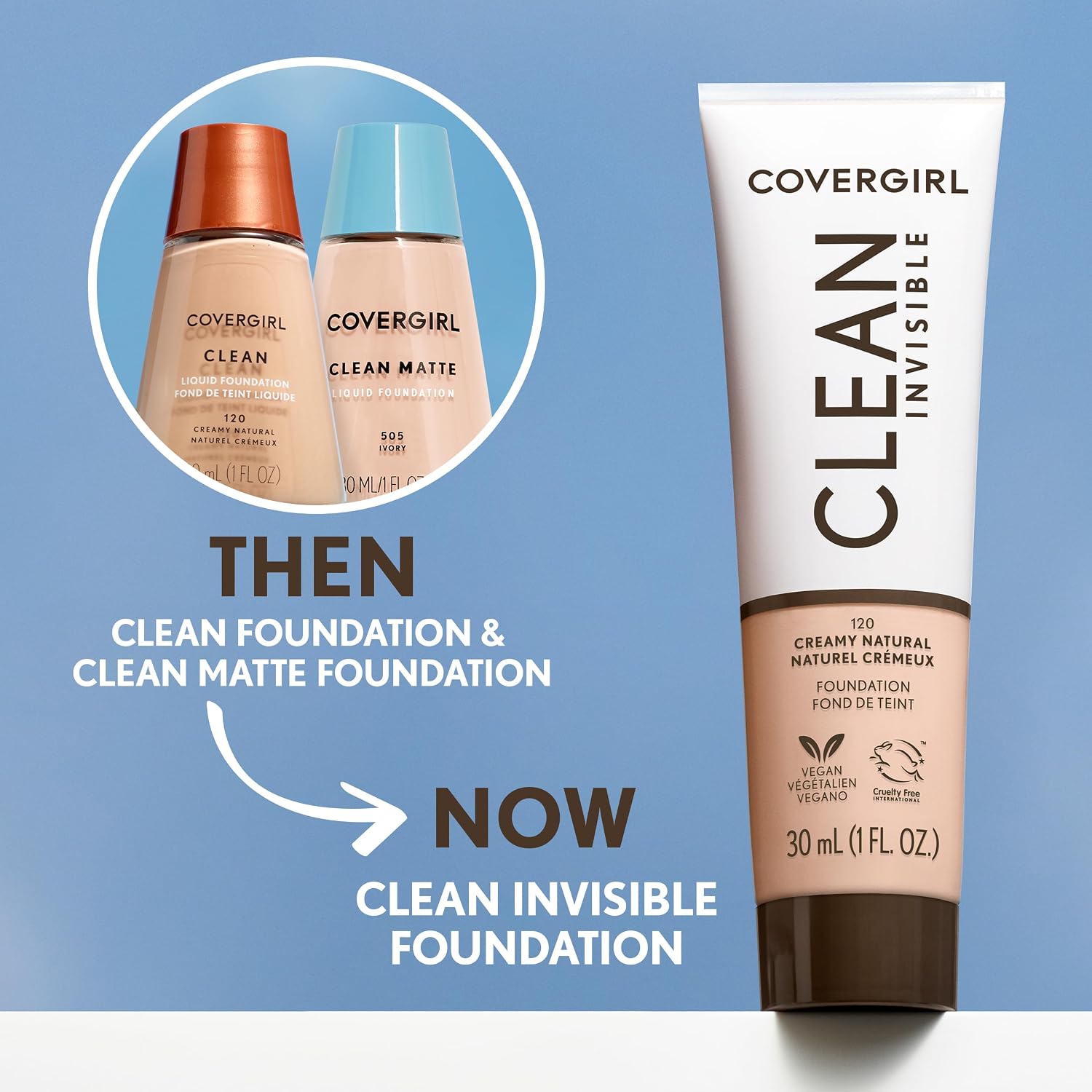 COVERGIRL Clean Invisible Foundation Makeup, Dewy & Glowy Natural Finish, Buildable Coverage, Skin-Like Smooth Look, Vegan, Classic Ivory, 1oz - Image 9