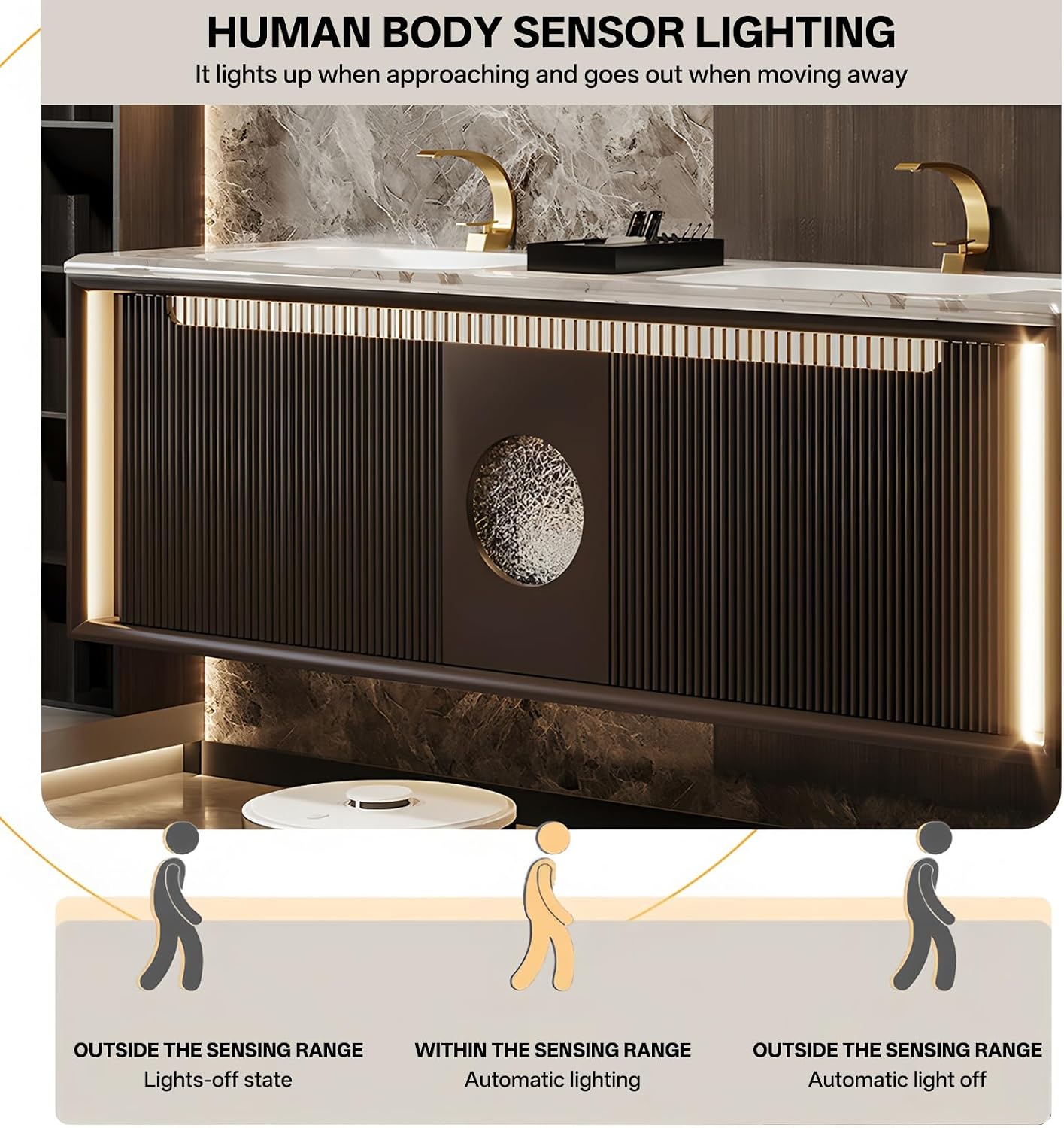 Bathroom Vanity with Dual Sinks, Floating Vanities Set Includes Smart Defog Mirror, Luxurious Stone Countertop and Striped Bath Sink Cabinet, Modern Vanity with Sensor Light for Bathroom (Brown,60") - Image 4