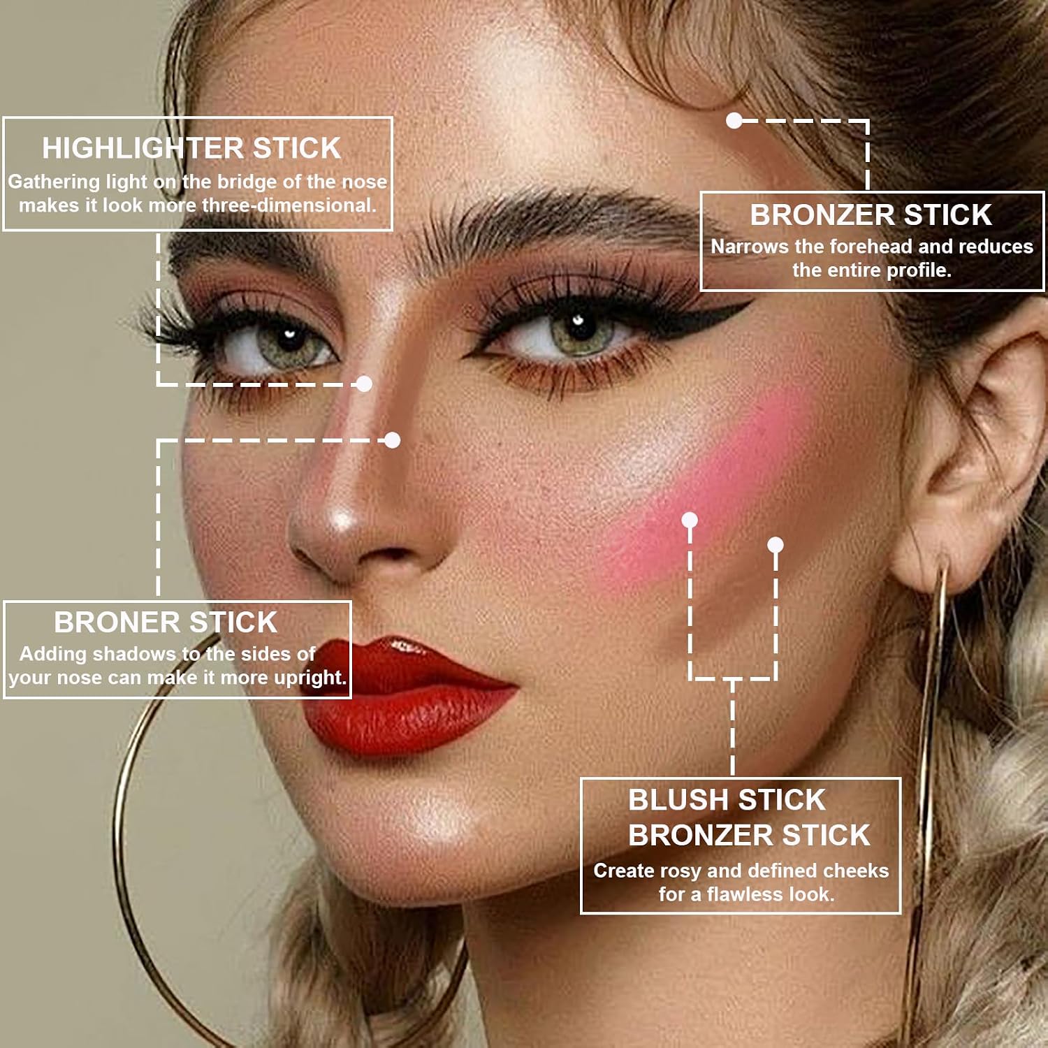 3Pcs Contour Stick Kit, Shades with Highlighter Blush Bronzer, #1 FAIR | Sculpt the Cheeks, Longwear Smooth Non-greasy Formula for All Skin Type, Dewy & Matte Finish - Image 5