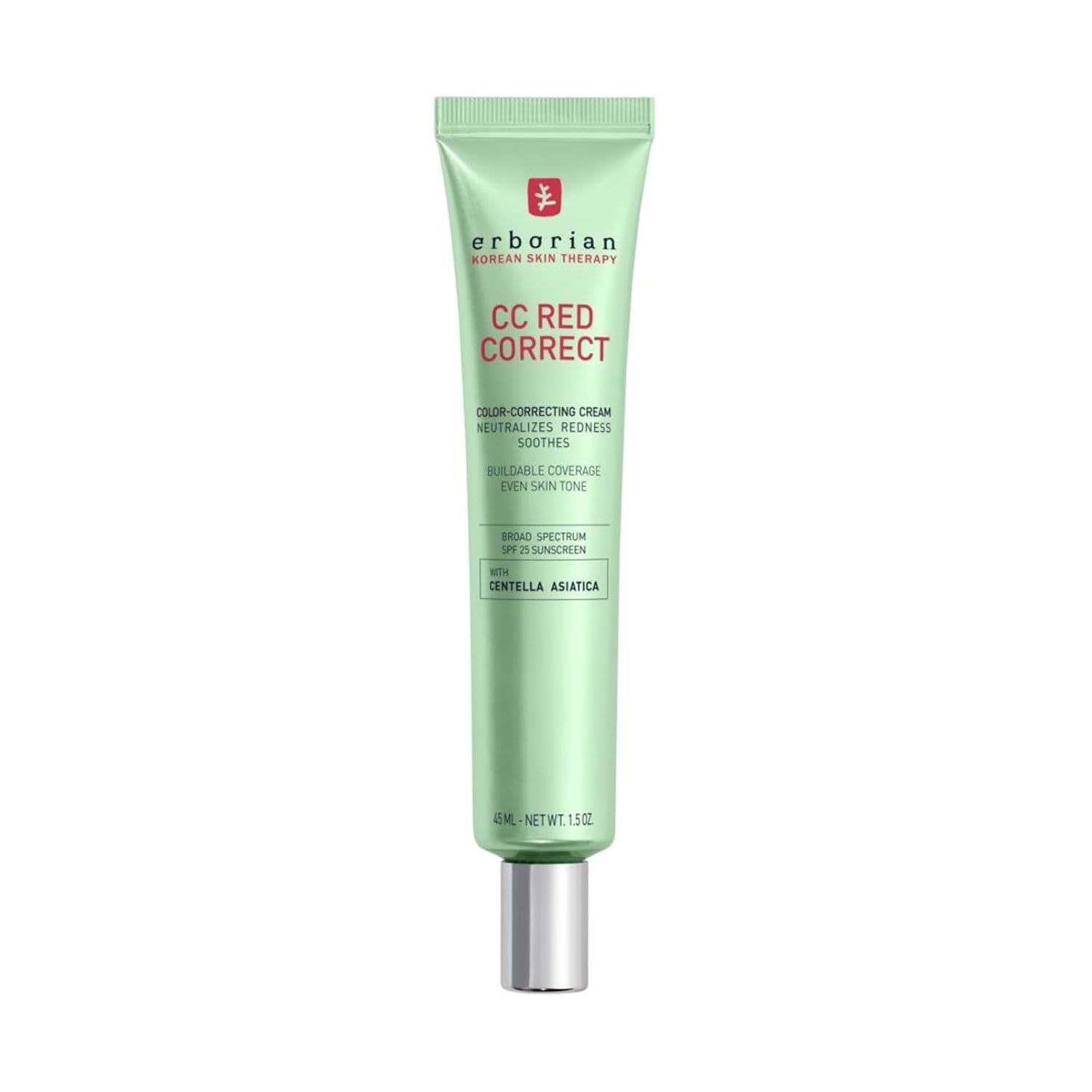 Erborian CC Red Color-Correcting Cream with SPF 25, Korean Skincare | Primer, neutralizes redness, calming, lightweight, evens tone, soothing, blurring, buildable, everyday wear, green pigment