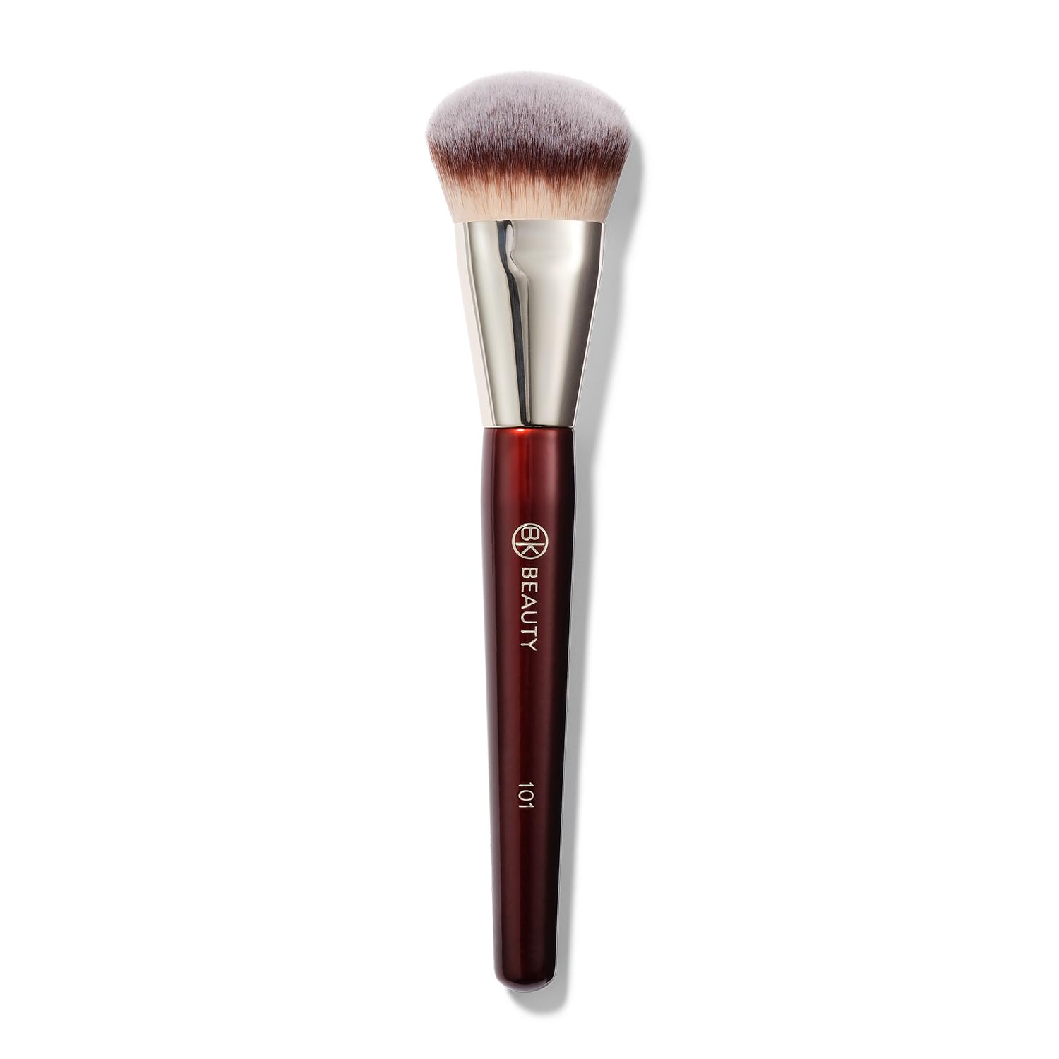 BK BEAUTY 101 Contoured Foundation Brush for Liquid & Cream Makeup | Vegan, cruelty-free synthetic fiber bristles with wood handle and aluminum ferrule. Color: Burgundy.