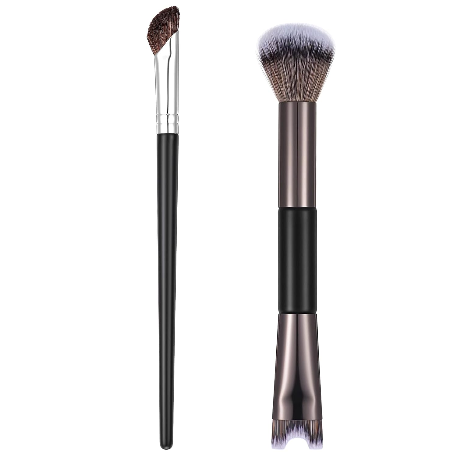 Xinjoduz 2 PCS Nose Contour Brushes for Makeup, 2-in-1 U-Shaped Fluffy Angled Tilt Brush for Precise Nose Sculpting and Defining, Mini Noses Contour Brush for Makeup Artists (Black and Gray)