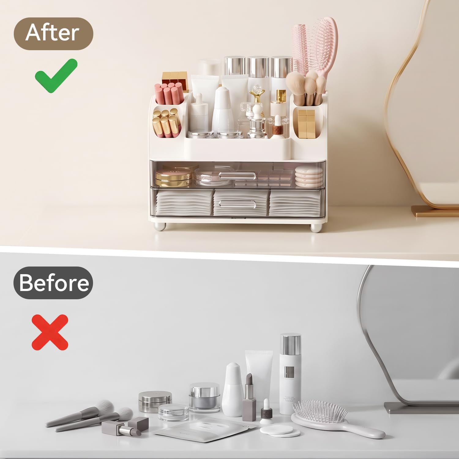 Makeup Organizer for Vanity with 2 Large Drawers and 6 Brush Holders, White | Large-Capacity Makeup Holder Keeps Skincare and Cosmetics Organized and Easy to Reach on Vanity or Bathroom Counters - Image 3