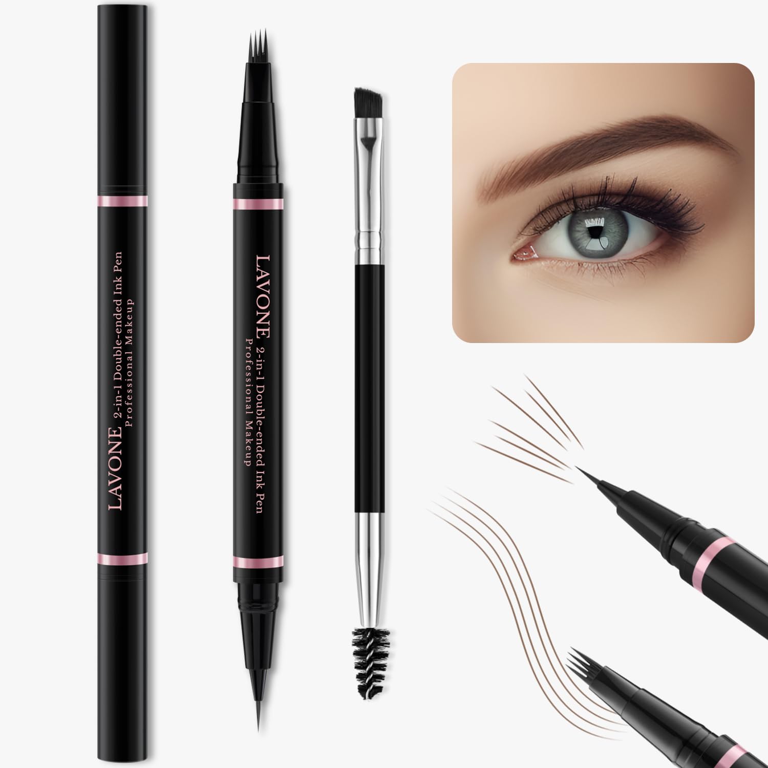 LAVONE Eyebrow Pen Kit, Waterproof Brow Pencil, Pomade,Eyeliner, Dark Brown | 4-in-1 eyebrow makeup kit, brow brush, long-lasting,smudge-proof,waterproof, eyebrow pencils for women, natural & full brows - Image 2