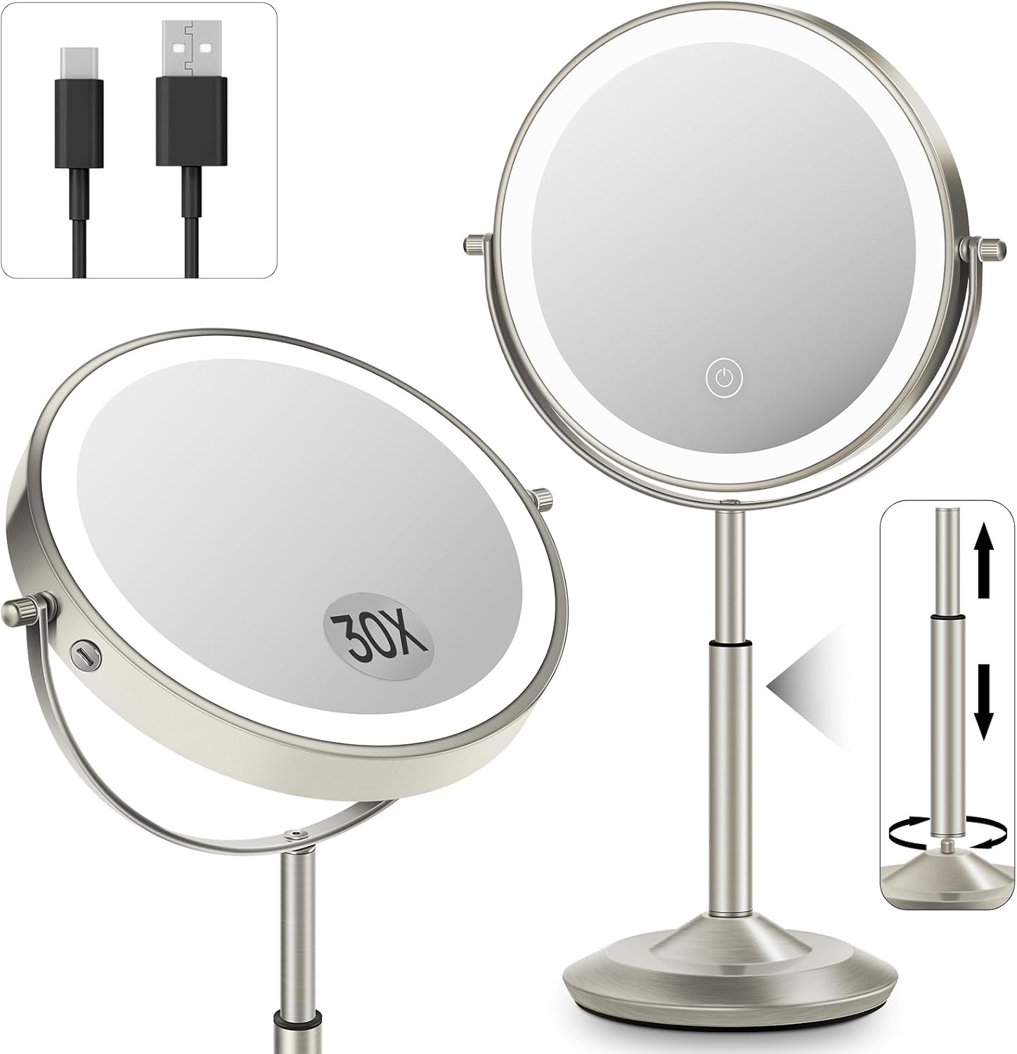 8" Lighted Makeup Mirror with Light,30X Magnifying Height Adjustable Mirror | 3000mAh Rechargeable Battery Vanity Mirrors with 3 LED Lighting Dimmable for Desk Dresser Office Women Gift