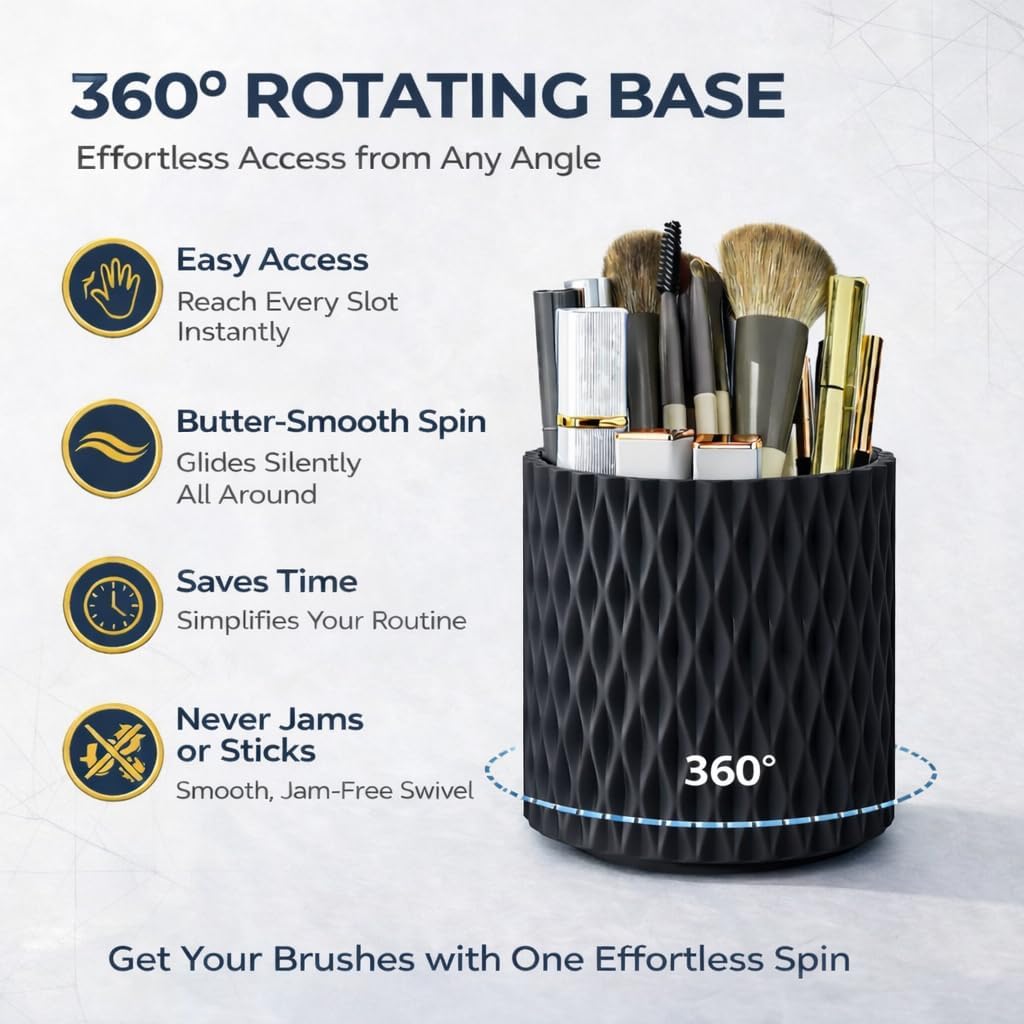 Black Makeup Brush Holder, 360° Rotating Makeup Organizer | 5-slot spinning vanity countertop caddy for makeup brushes, lipstick, hair brush & pens — bathroom, dorm & office - Image 2