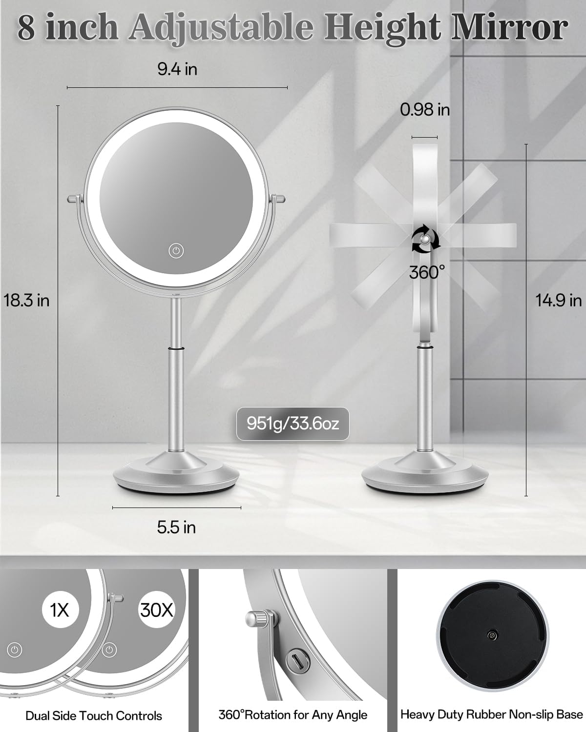 8" Lighted Makeup Mirror with Light,30X Magnifying Height Adjustable Mirror | 3000mAh Rechargeable Battery Vanity Mirrors with 3 LED Lighting Dimmable for Desk Dresser Office Women Gift - Image 9