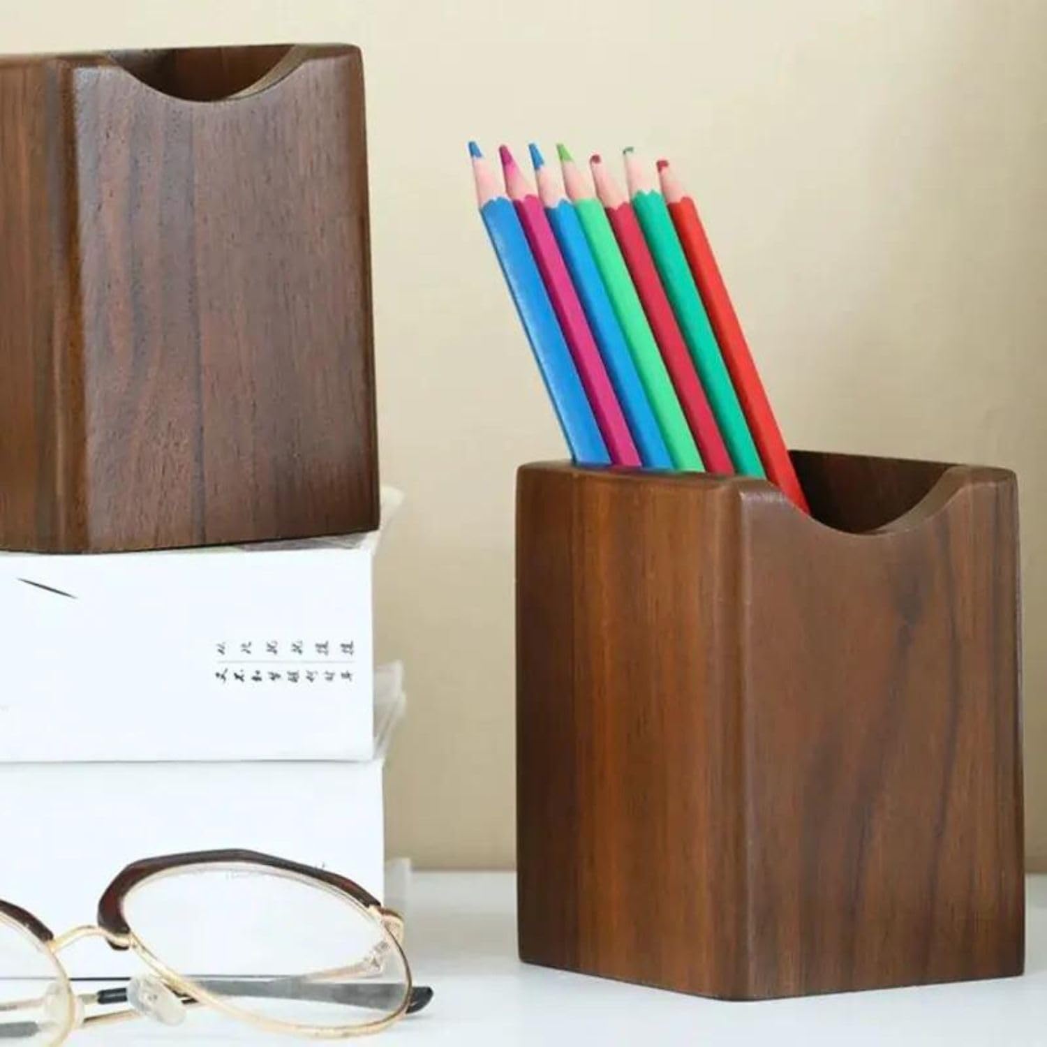 Wooden Pen Holder for Desk, 2 Pack Natural Wood Pencil Cup Holder – Office Desk Accessories Organizer, Makeup Brush Holder, Kids Crayon Marker Caddy, Eco-Friendly (2 Pack Walnut Color) - Image 2