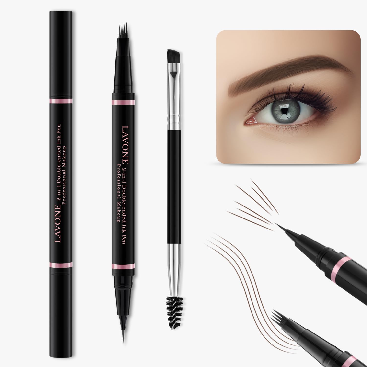 LAVONE Eyebrow Pen Kit,Waterproof Brow Pencil,Pomade,Eyeliner-Dark Brunette | 4-in-1 eyebrow makeup kit, brow brush, long-lasting,smudge-proof,waterproof, eyebrow pencils for women, natural & full brows - Image 2