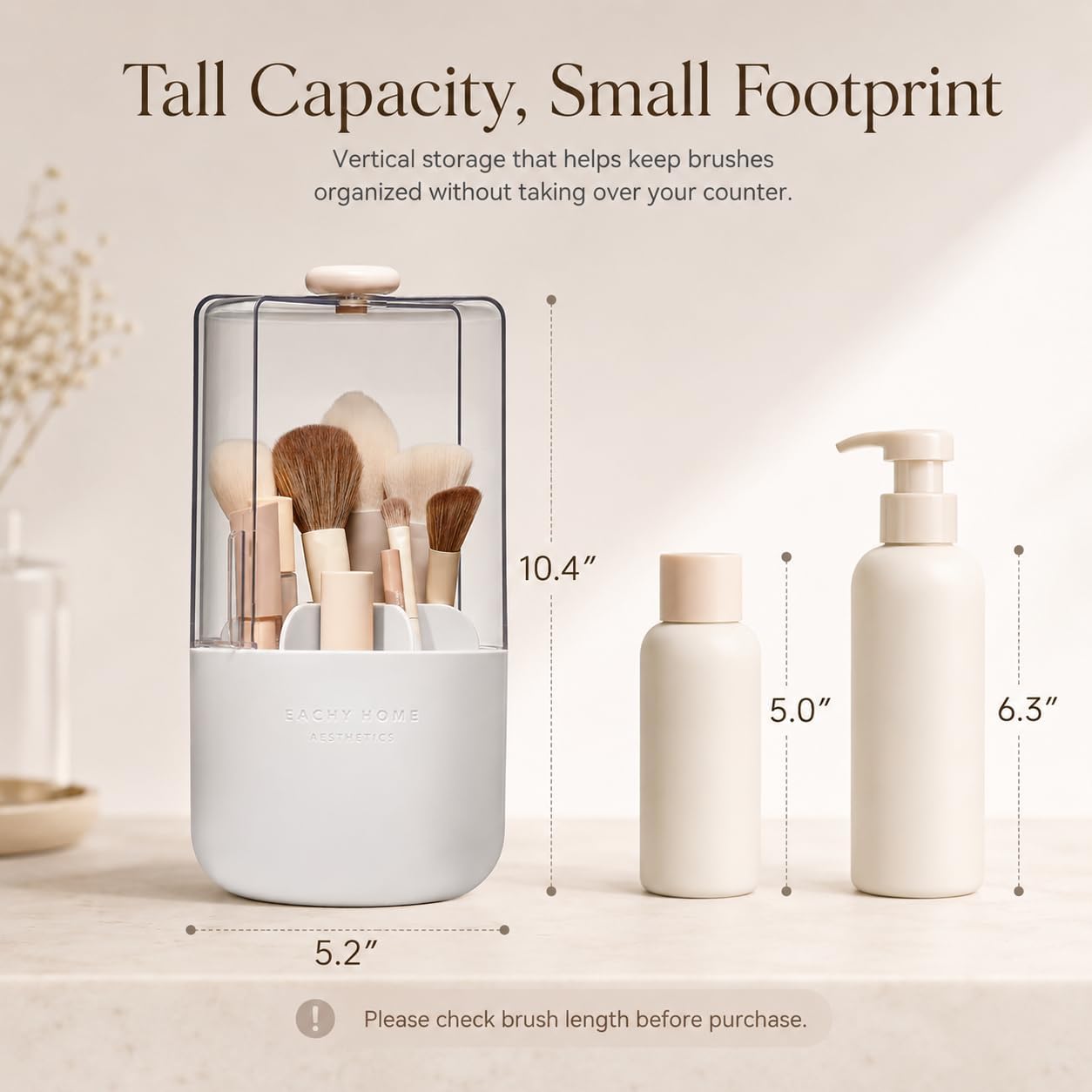 EACHY Makeup Brush Holder with Lid, 360° Rotating Vanity Organizer for Brushes, Dustproof Cosmetic Display Case, 7 Compartments, Waterproof Plastic (White) - Image 3