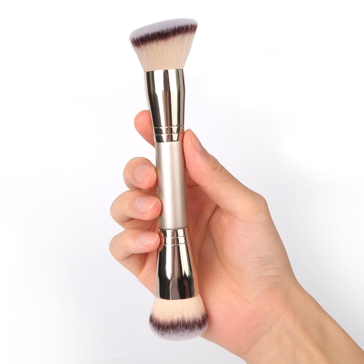 Dual-Ended Foundation Brush: Round & Angled makeup brushes, 100% Vegan Synthetic Makeup Brush for Flawless Blending and Application of Liquid, Powder, Cream, Blush