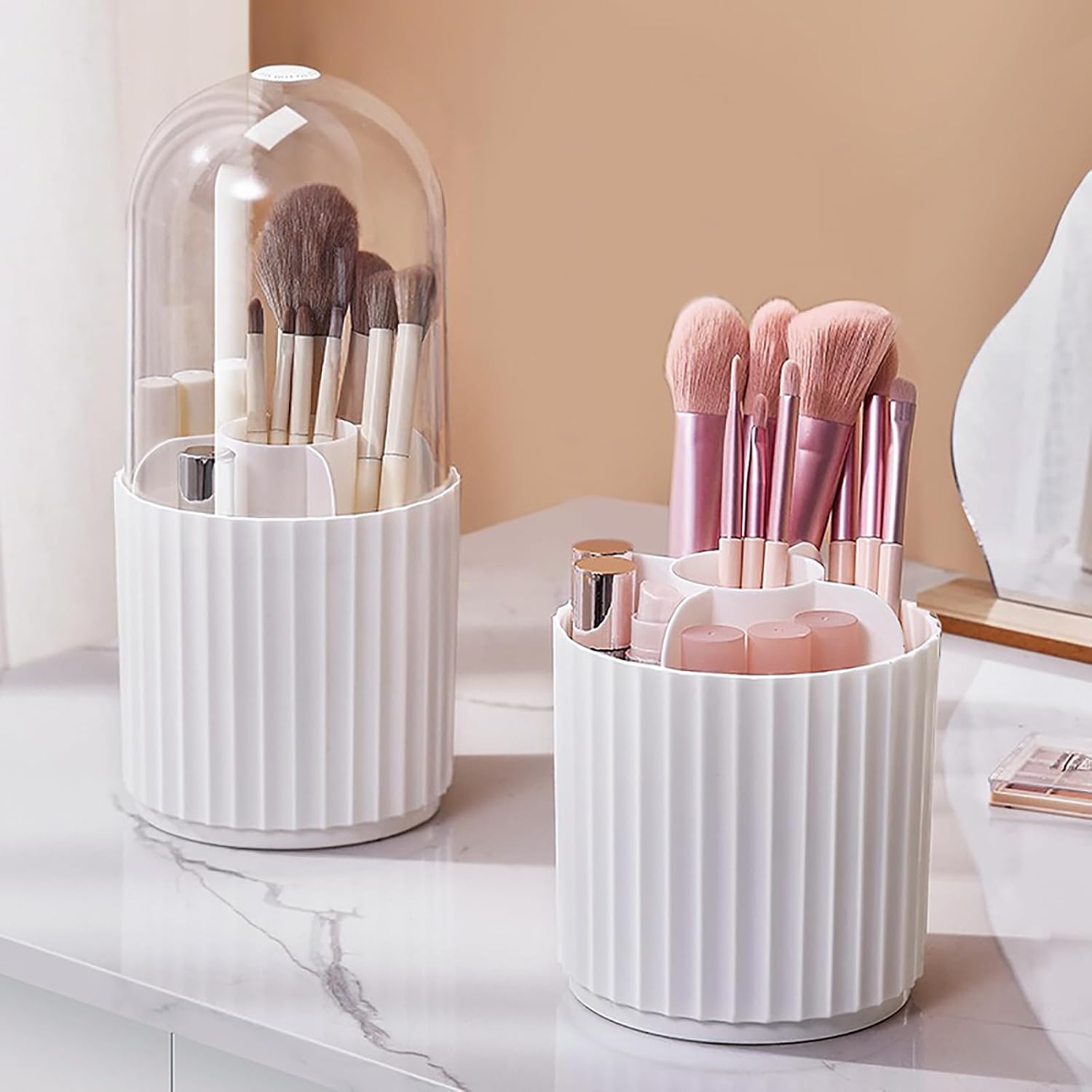 360 Rotating Makeup Brush Holder Make Up Brushes Organizer, Stripe White | Spinning Makeup Brush Cup Cosmetics Container Pen Holder Lipsticks Storage for Vanity, Dresser - Image 7
