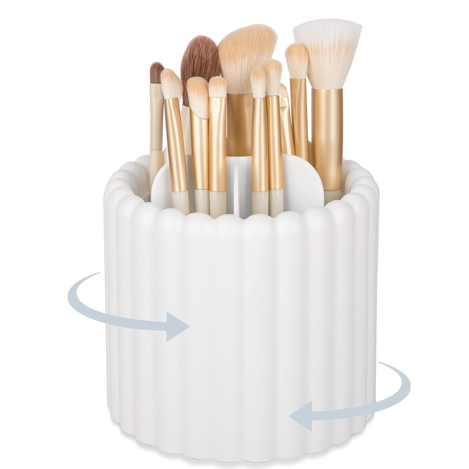 Rotating Makeup Brush Holder Organizer with Removable Dividers, White | 7 Slots Make Up Brush Organizer with Drawer 360 Spinning Cosmetic Storage Pen Holder for Desk, Vanity, Dresser