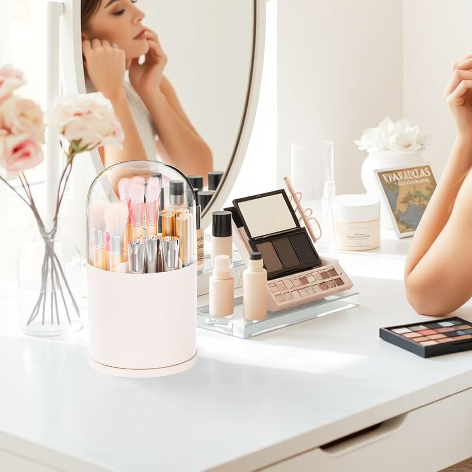 Rotating Acrylic Makeup Brush Holder with Lid for Vanity,Bathroom,Countertop,Covered Makeup Brushes Organizer,Round Spinning Cosmetic Brushes Holder and Make up Brush Storage with Cover,Pink - Image 3