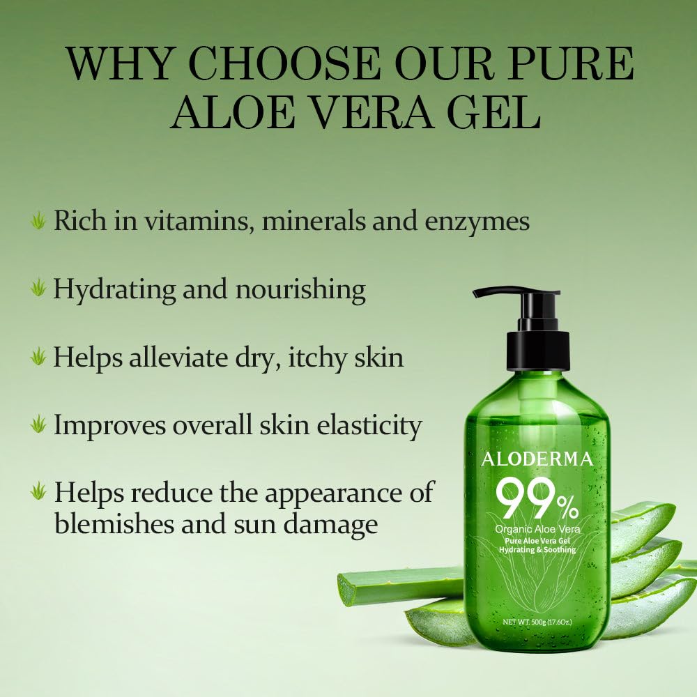 Aloderma Aloe Vera Gel - Large 17.6oz Value Pump - Made within 12 Hours of Harvest with 99% Organic Aloe Vera, Lightweight, Non-Sticky for Sunburns, Natural, Soothing Aloe Vera for Face & Hair - Image 2