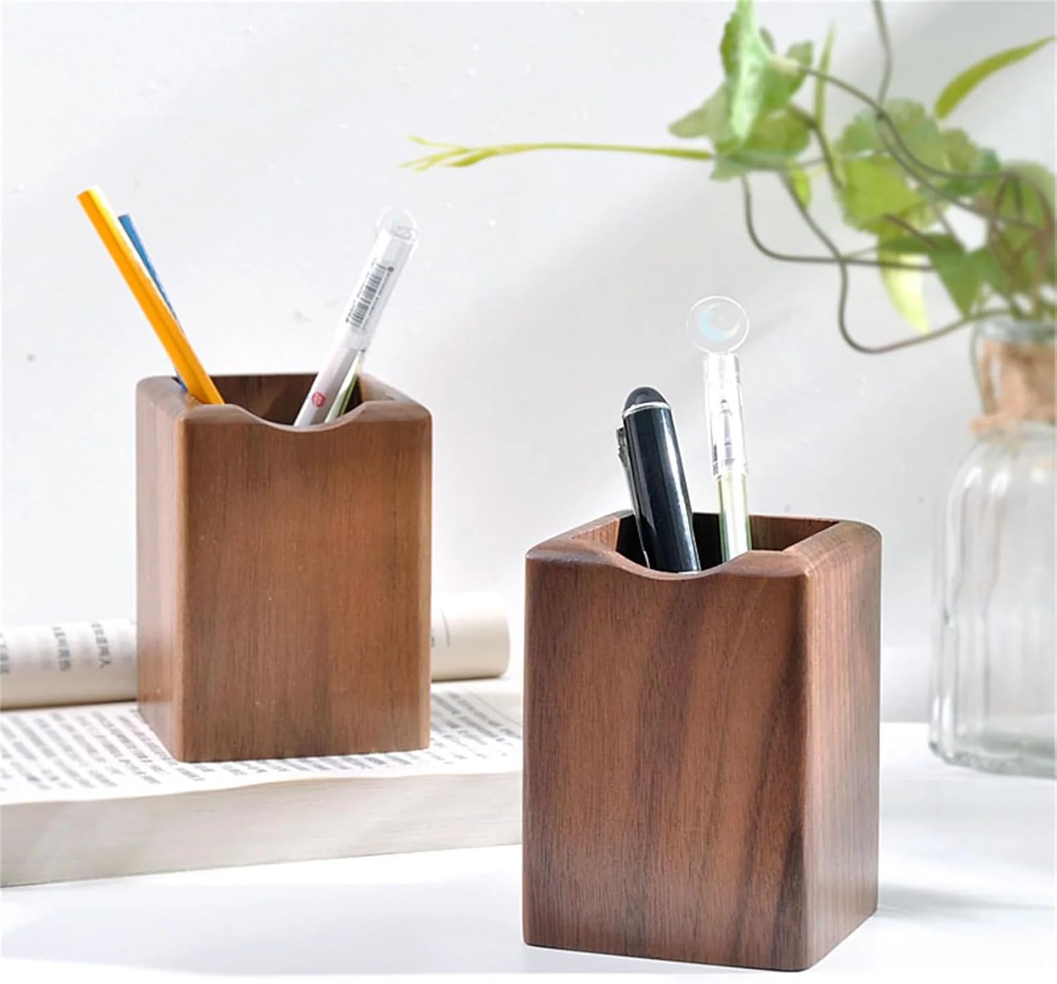 Wooden Pen Holder for Desk, 2 Pack Natural Wood Pencil Cup Holder – Office Desk Accessories Organizer, Makeup Brush Holder, Kids Crayon Marker Caddy, Eco-Friendly (2 Pack Walnut Color) - Image 4