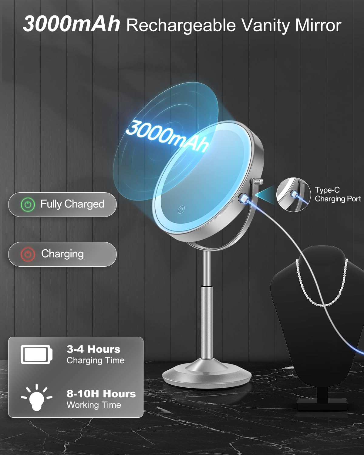 8" Lighted Makeup Mirror with Light,30X Magnifying Height Adjustable Mirror | 3000mAh Rechargeable Battery Vanity Mirrors with 3 LED Lighting Dimmable for Desk Dresser Office Women Gift - Image 7