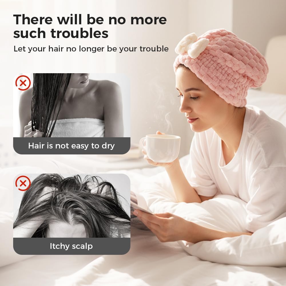 2 PCS Absorbent Hair Towel Wrap for Wet Hair, 2026 New Cute Bow Design Microfiber Hairs Towel, Dry Quick Hairs Turban Wrap for Home and Travel, Soft and Lightweight Shower Caps Women (White and Pink) - Image 3