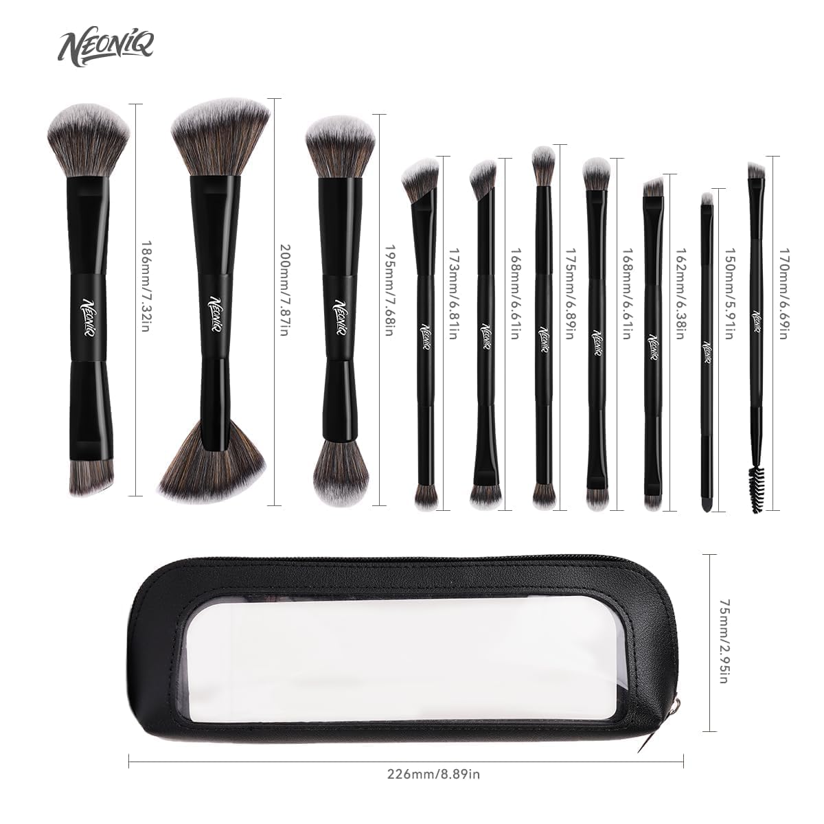 10 PCS Travel Makeup Brush Set With Bag, Makeup Brushes, Double-End Multi-functional Brushes for Foundation Powder Blush Eyeliner Eyeshadows, Professional Face Brush Set(Black) - Image 9
