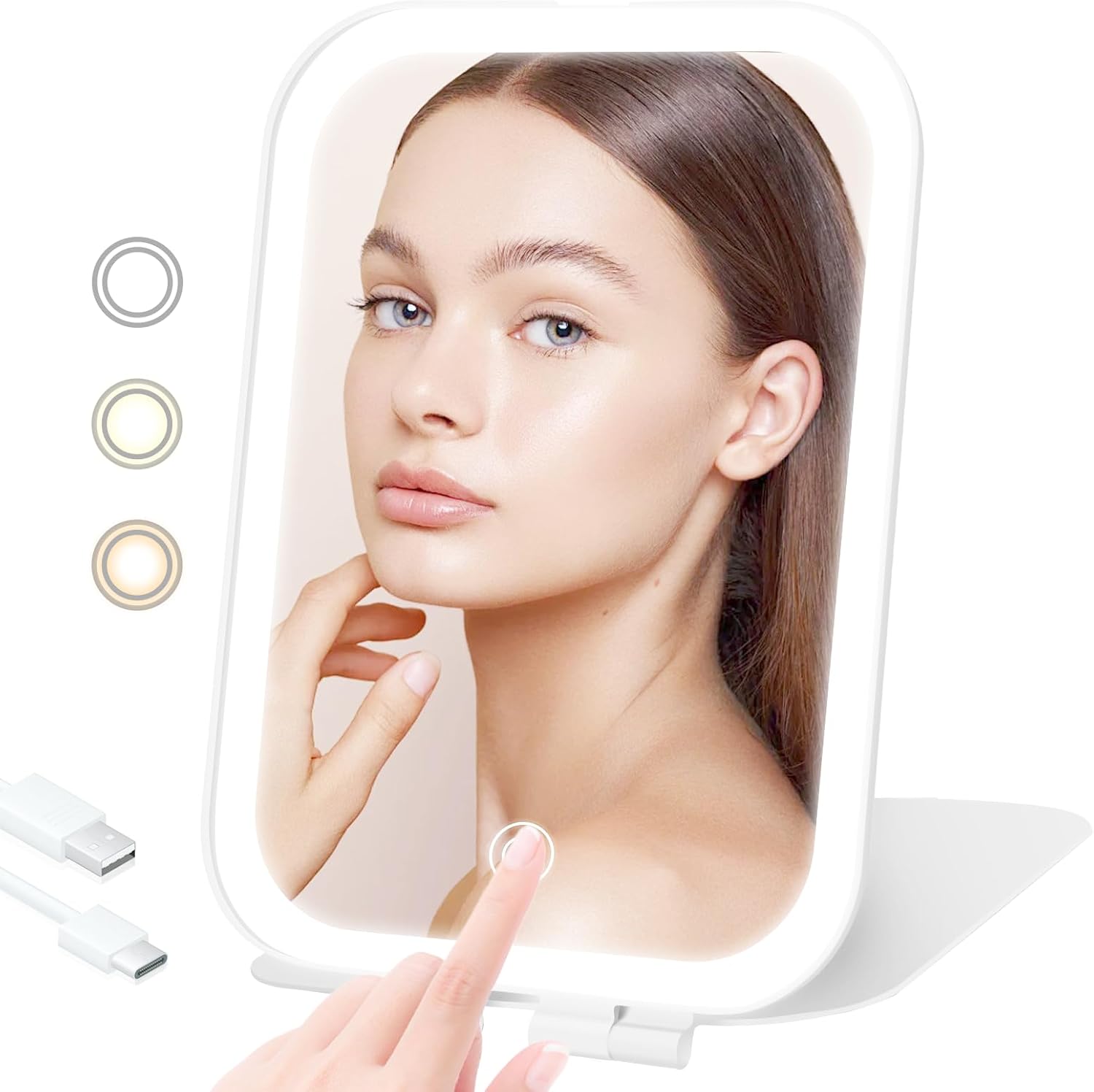 Travel Makeup Mirror, Portable Rechargeable Mirror with Lights | USB-Rechargeable, 3 Color LED Lighting, Adjustable Brightness, 7.9x5.4 inch, 1200mAh Battery, Gift for Women and Girls, White