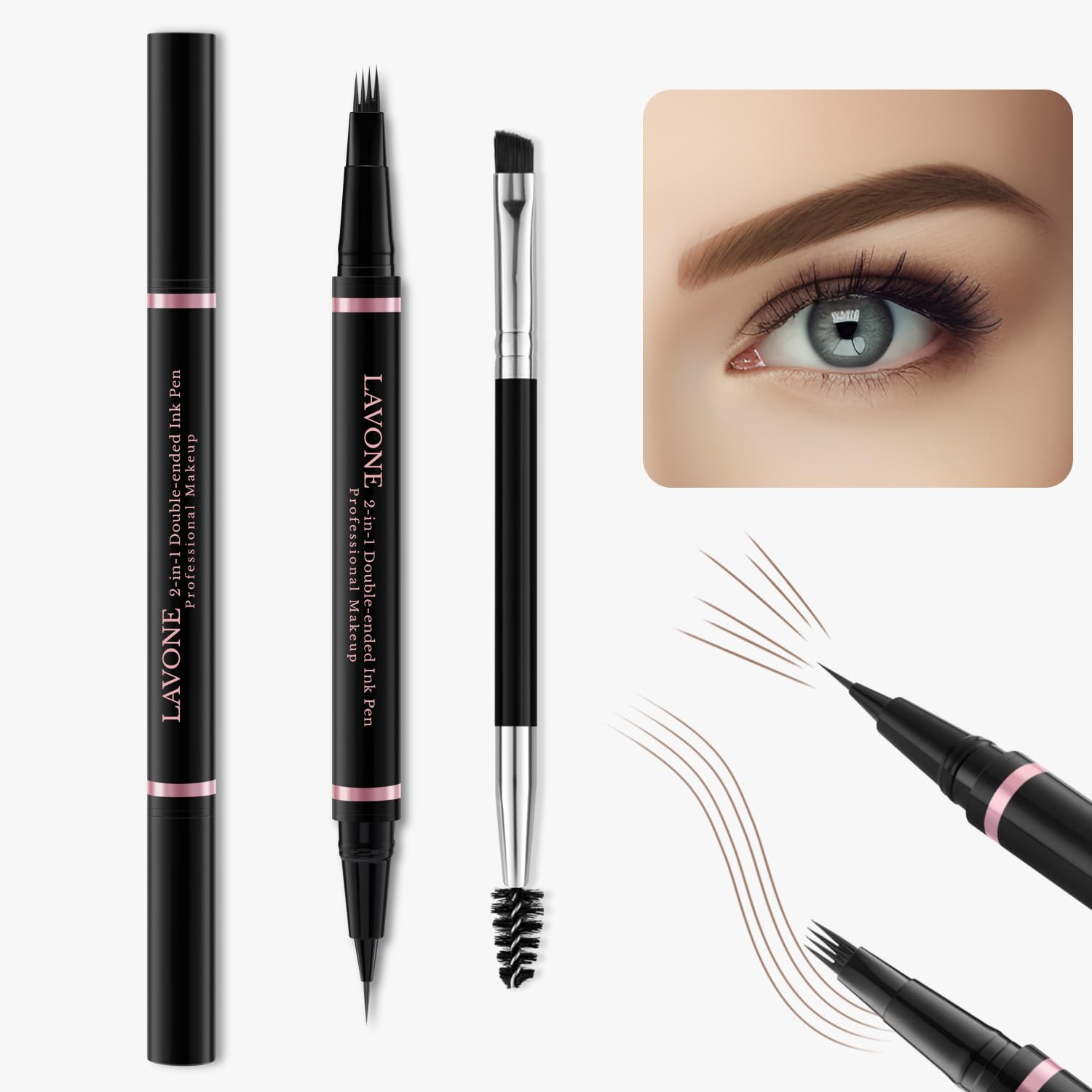 LAVONE Eyebrow Pen Kit, Waterproof Brow Pencil, Pomade,Eyeliner, Brown | 4-in-1 eyebrow makeup kit, brow brush, long-lasting,smudge-proof,waterproof, eyebrow pencils for women, natural & full brows - Image 2