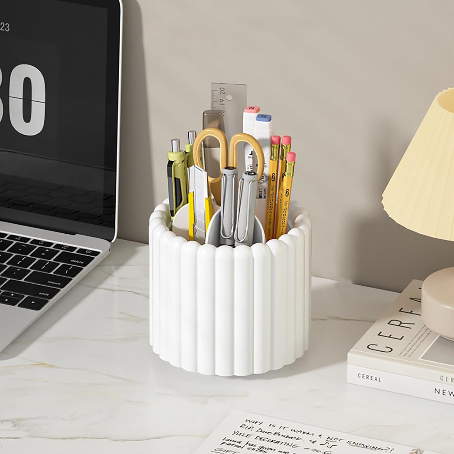 Rotating Makeup Brush Holder Organizer with Removable Dividers, White | 7 Slots Make Up Brush Organizer with Drawer 360 Spinning Cosmetic Storage Pen Holder for Desk, Vanity, Dresser - Image 3