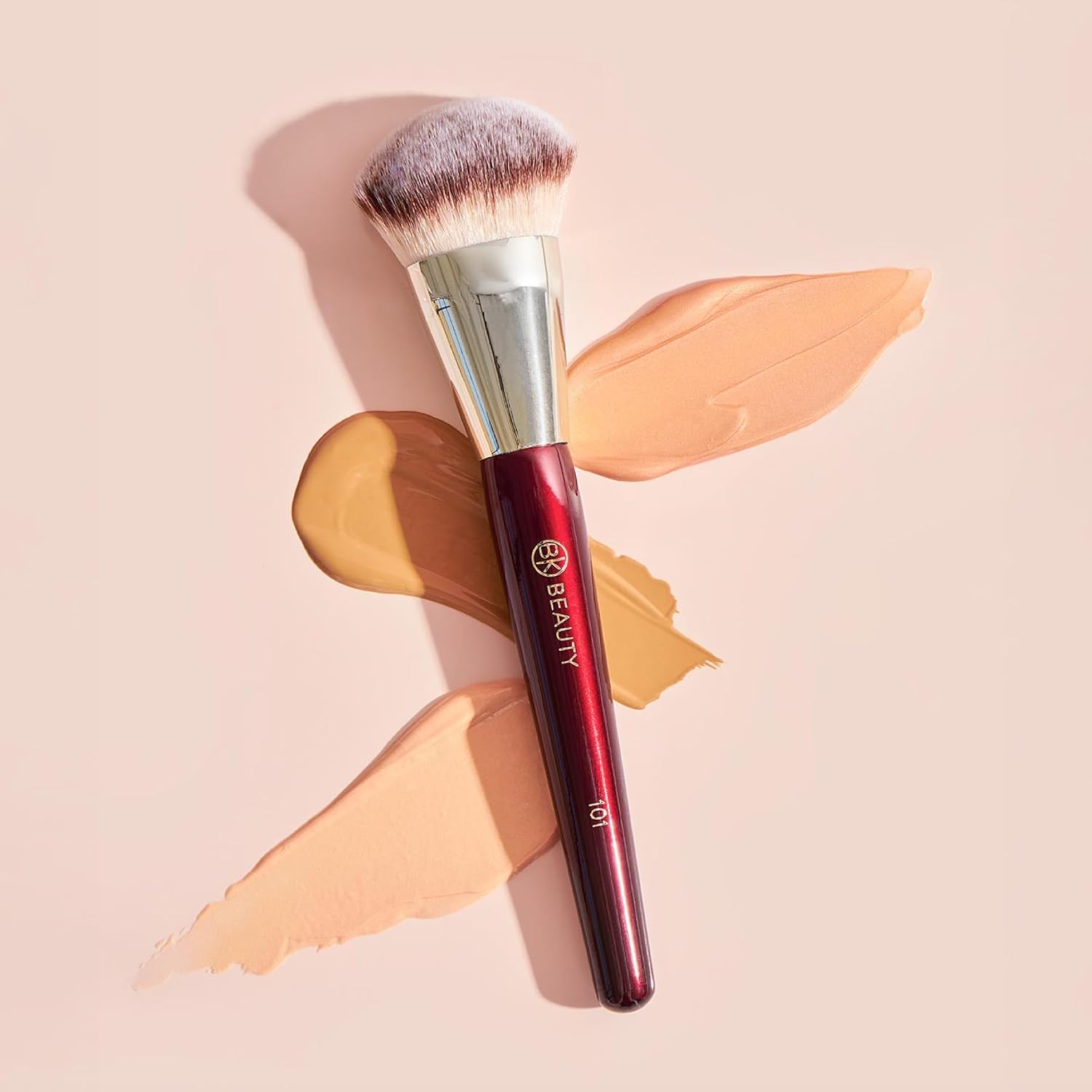 BK BEAUTY 101 Contoured Foundation Brush for Liquid & Cream Makeup | Vegan, cruelty-free synthetic fiber bristles with wood handle and aluminum ferrule. Color: Burgundy. - Image 6