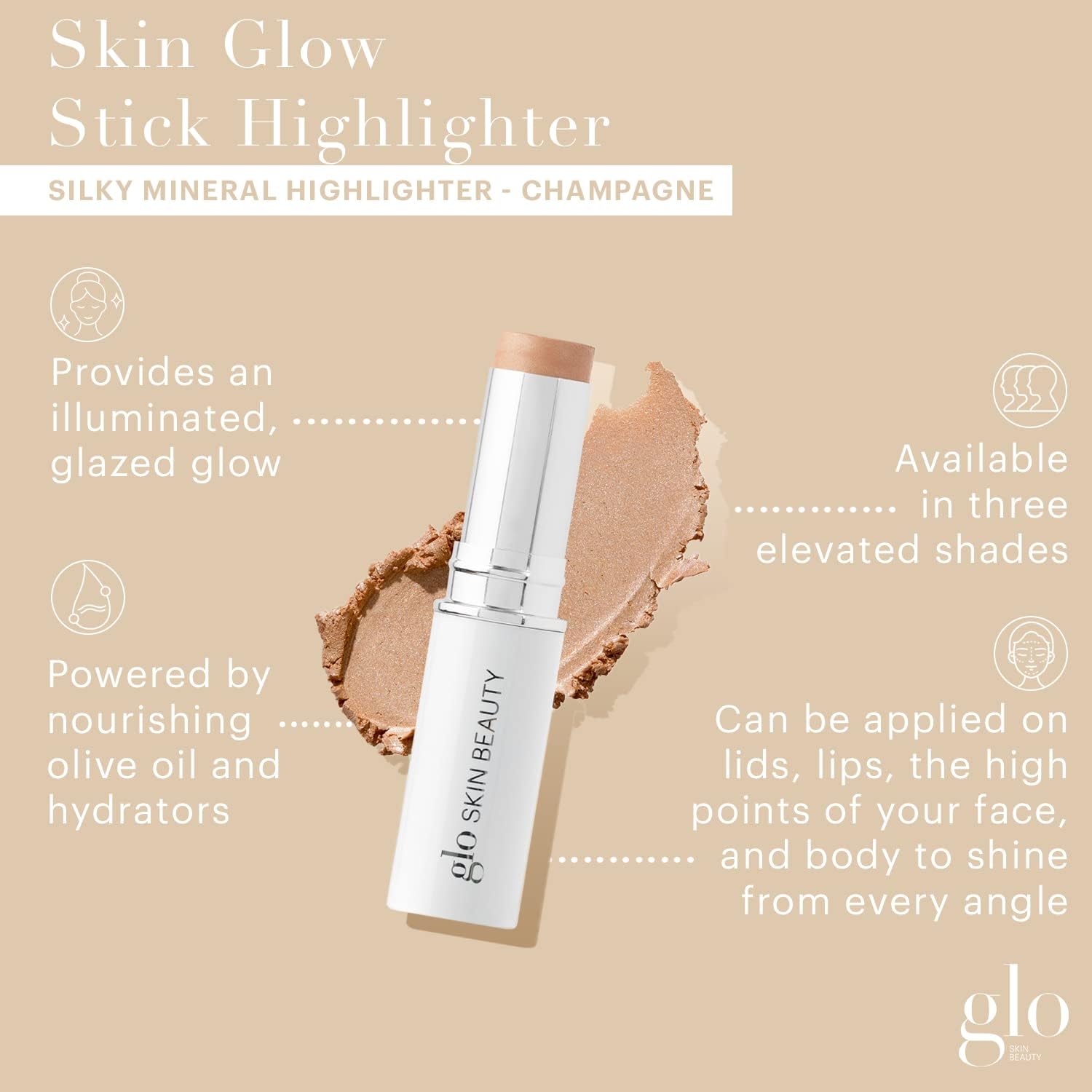 Glo Skin Beauty Skin Glow Stick Cream Highlighter, Champagne 0.32 oz | Mineral face highlighter stick, hydrating mica formula, clean beauty, luminous glow, fair skin, dry skin, cruelty-free - Image 3