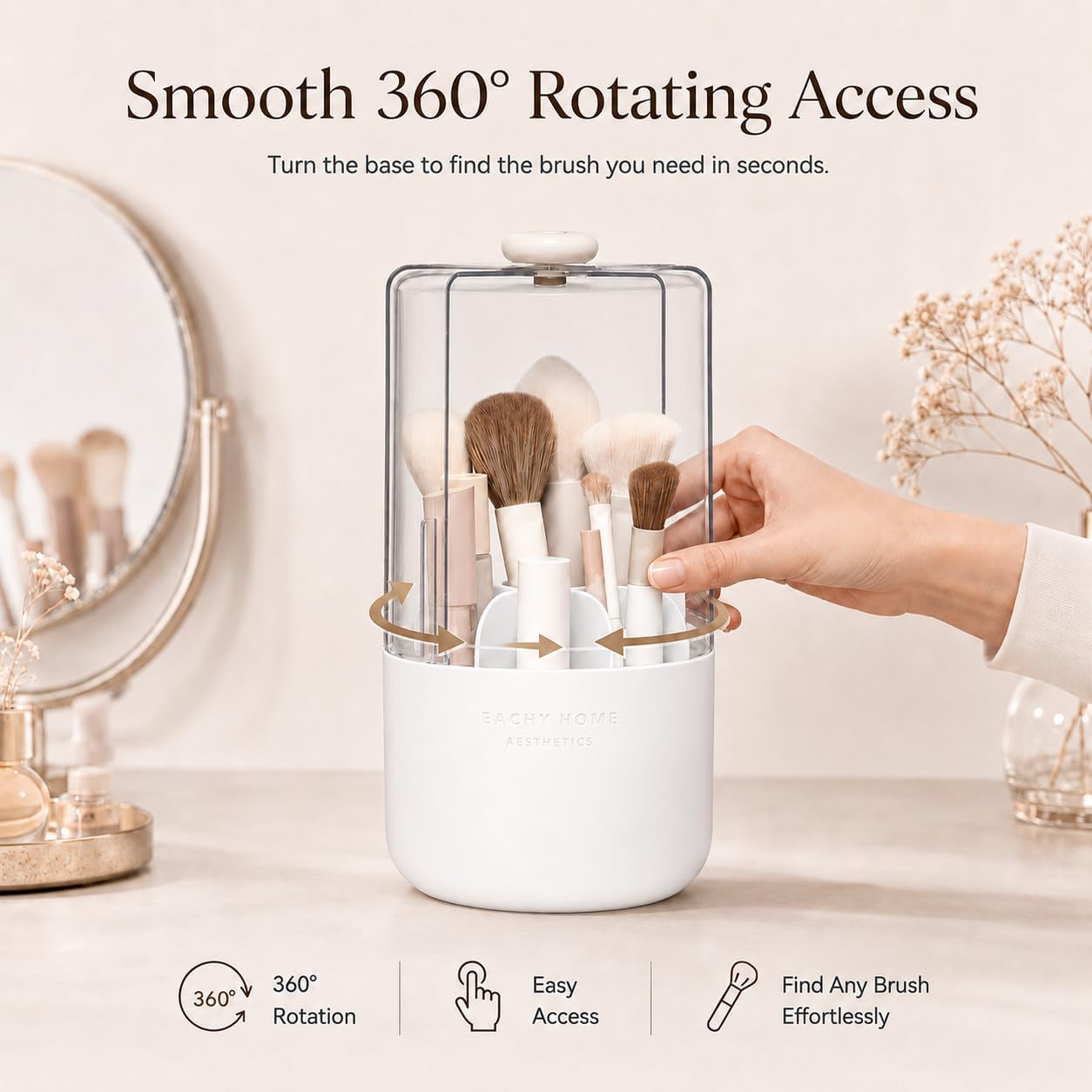 EACHY Makeup Brush Holder with Lid, 360° Rotating Vanity Organizer for Brushes, Dustproof Cosmetic Display Case, 7 Compartments, Waterproof Plastic (White) - Image 4