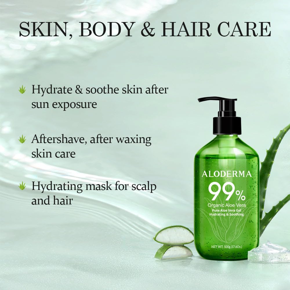 Aloderma Aloe Vera Gel - Large 17.6oz Value Pump - Made within 12 Hours of Harvest with 99% Organic Aloe Vera, Lightweight, Non-Sticky for Sunburns, Natural, Soothing Aloe Vera for Face & Hair - Image 3