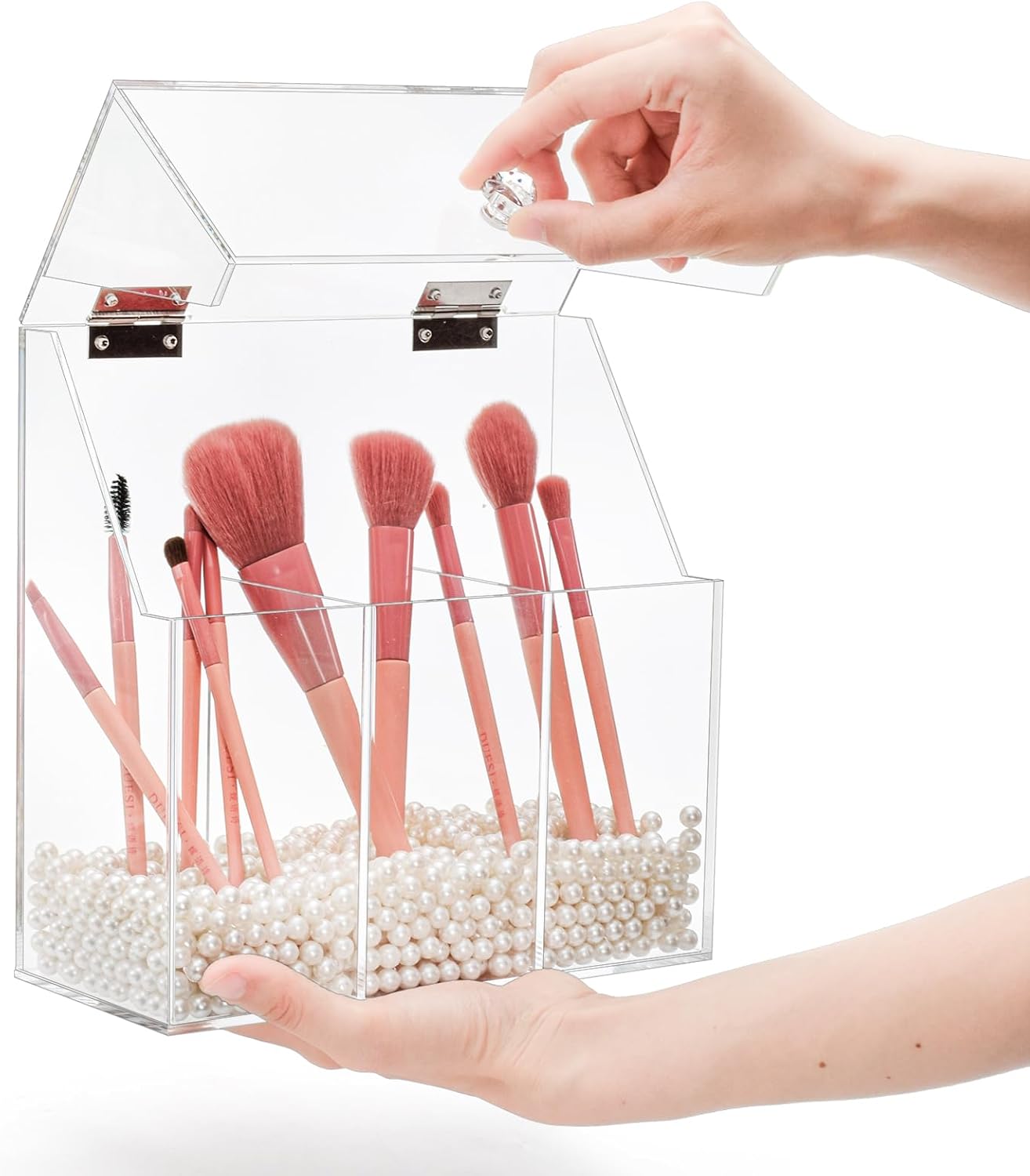 Okllen Makeup Brush Holder with Dustproof Lid, White Pearls, Acrylic Clear Makeup Brush Organizer with 3 Compartment, Large Cosmetic Brush Storage Box Case for Vanity, Bathroom, Bedroom - Image 4