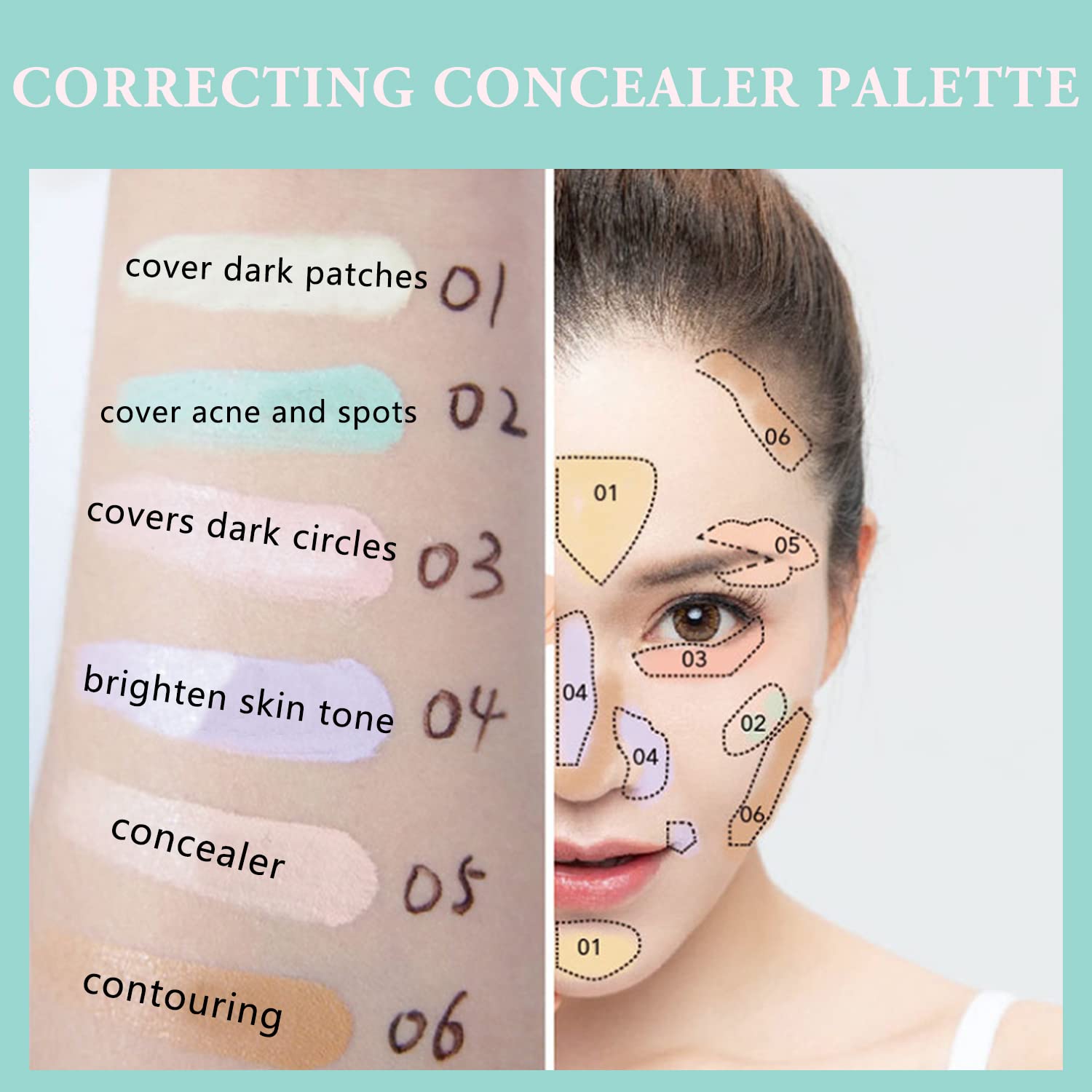 6 Colors Correcting Concealer Palette, Makeup Cream Contour Palette with Brush, Contouring Foundation Highlighting Concealer Palette for Conceals Dark Circles, Redness, Acne, Blemish(A) - Image 5