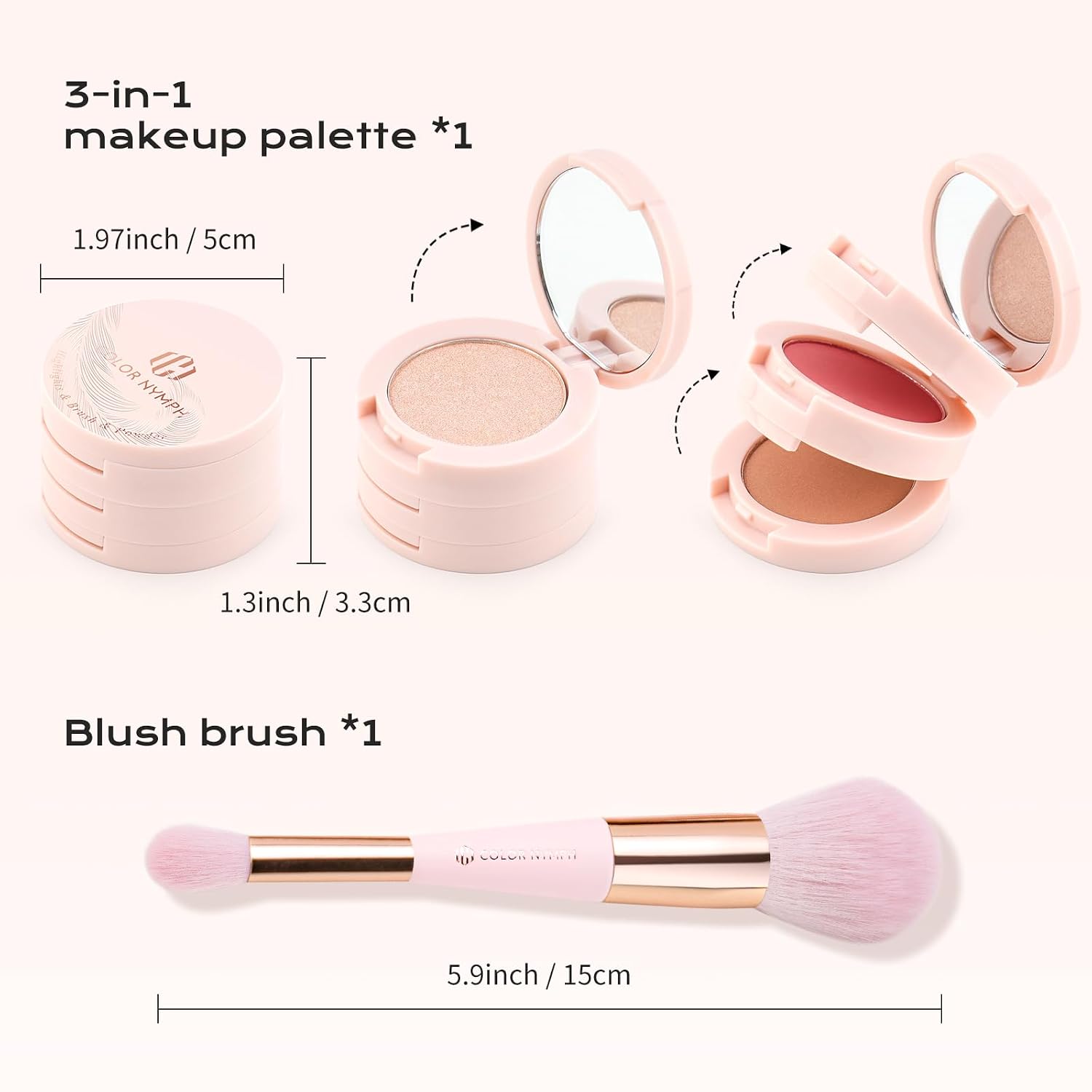 Color Nymph Blush and Highlighter Palette, 3 in 1 Contour Palette | Stackable Travel Makeup Kit, Long-Lasting, Lightweight & Buildable Powder for Natural Radiant Finish, Includes Brush & Mirror - Image 2