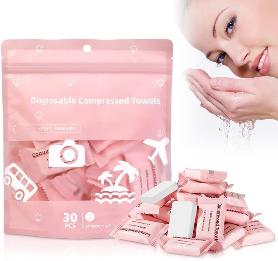 Multifunction Compressed Towels 30 Pack, 2026 Upgrade Disposable Towels for Home Travel Camping, Hotel Facial Towel for Outdoor, Portable Travel Wash Cloth Paper for Wash Up (Pink, Medium)