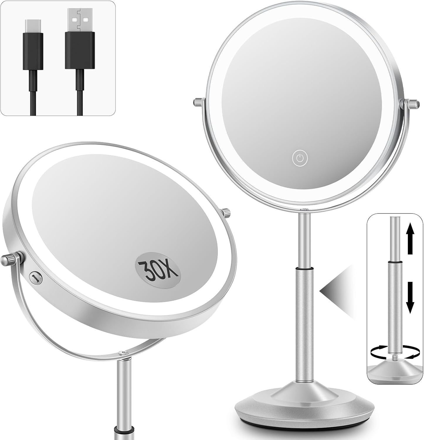 8" Lighted Makeup Mirror with Light,30X Magnifying Height Adjustable Mirror | 3000mAh Rechargeable Battery Vanity Mirrors with 3 LED Lighting Dimmable for Desk Dresser Office Women Gift