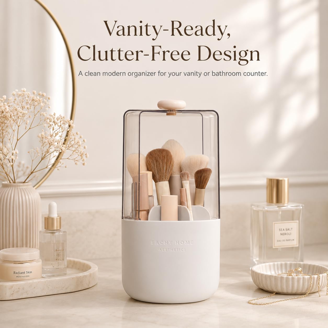 EACHY Makeup Brush Holder with Lid, 360° Rotating Vanity Organizer for Brushes, Dustproof Cosmetic Display Case, 7 Compartments, Waterproof Plastic (White) - Image 6