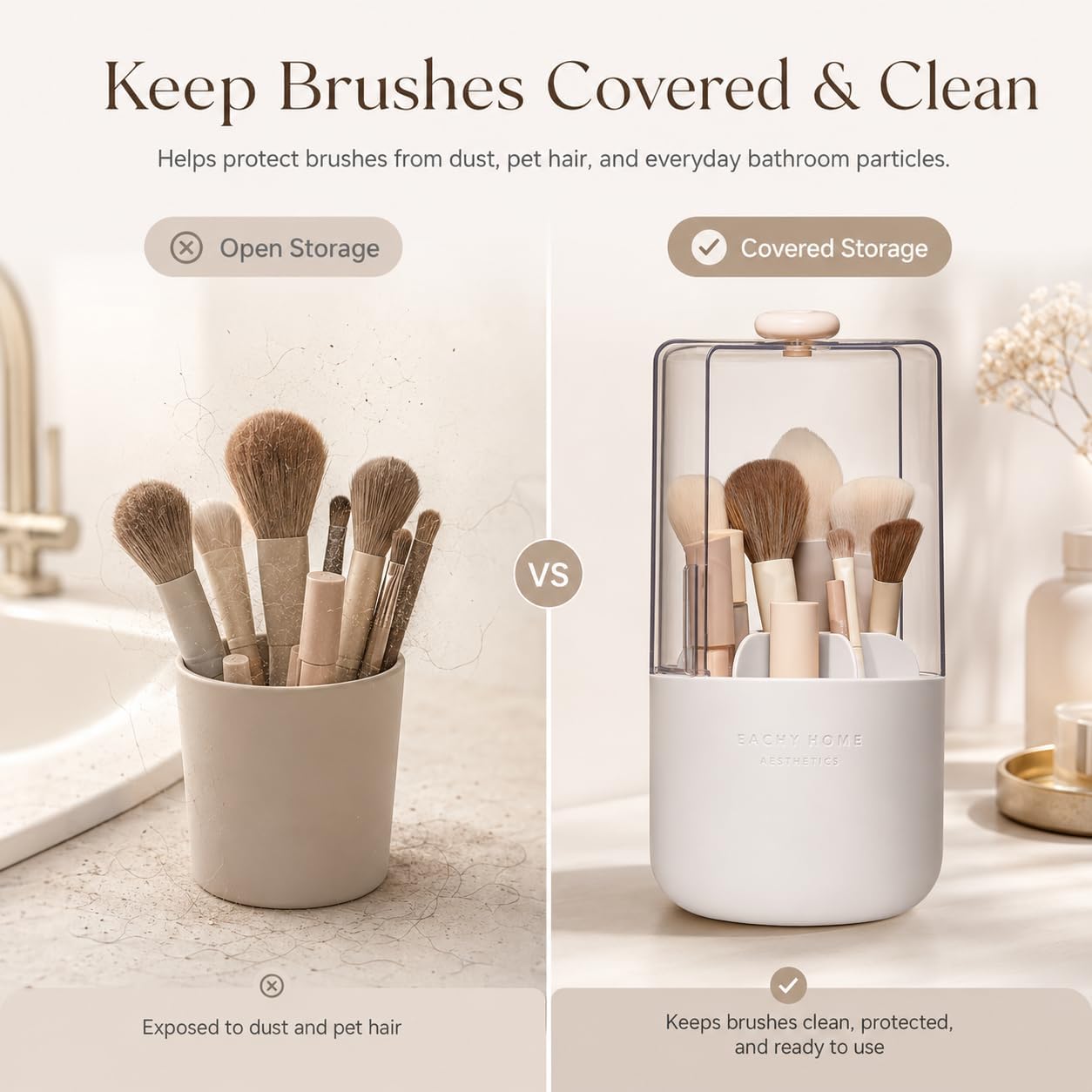 EACHY Makeup Brush Holder with Lid, 360° Rotating Vanity Organizer for Brushes, Dustproof Cosmetic Display Case, 7 Compartments, Waterproof Plastic (White) - Image 2