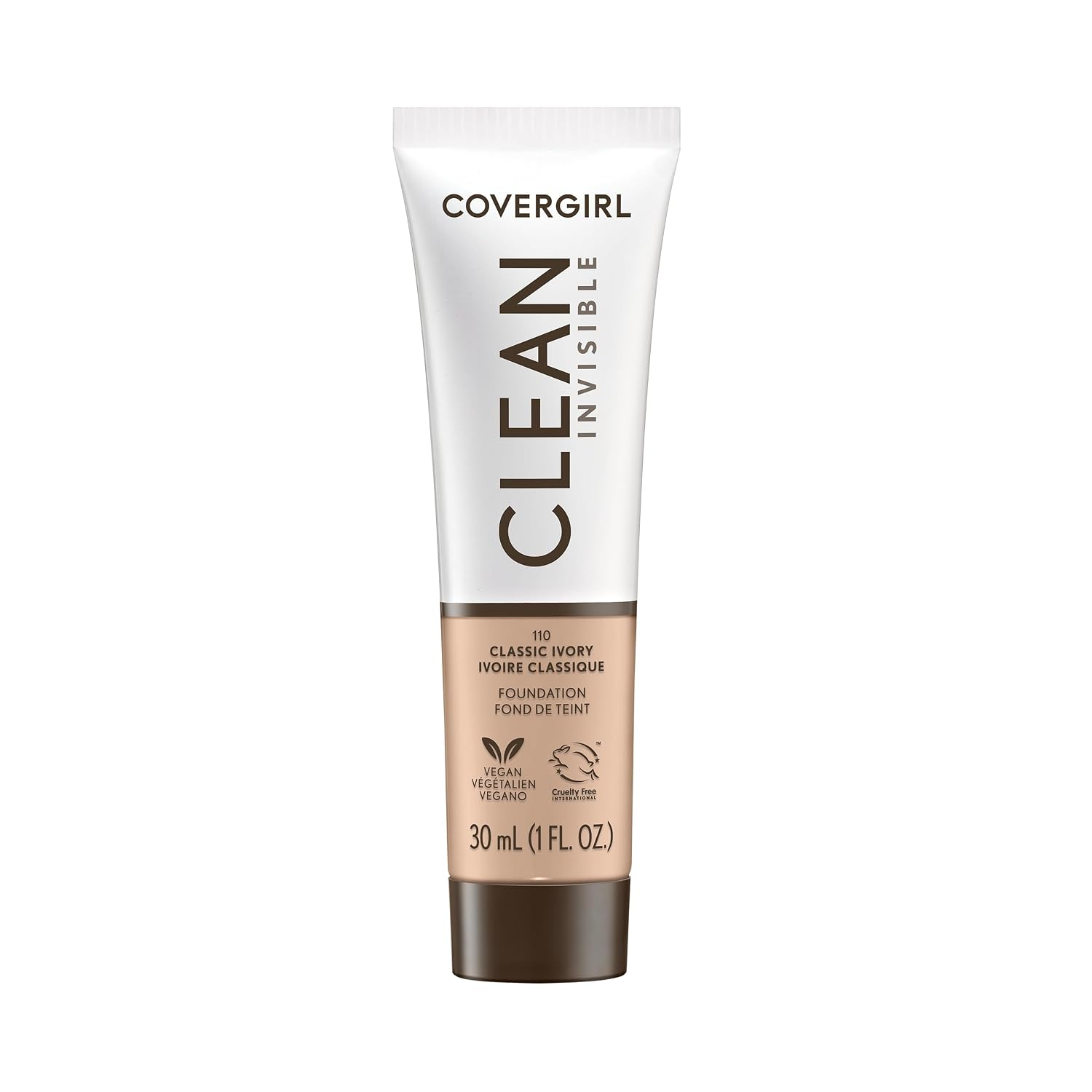 COVERGIRL Clean Invisible Foundation Makeup, Dewy & Glowy Natural Finish, Buildable Coverage, Skin-Like Smooth Look, Vegan, Classic Ivory, 1oz