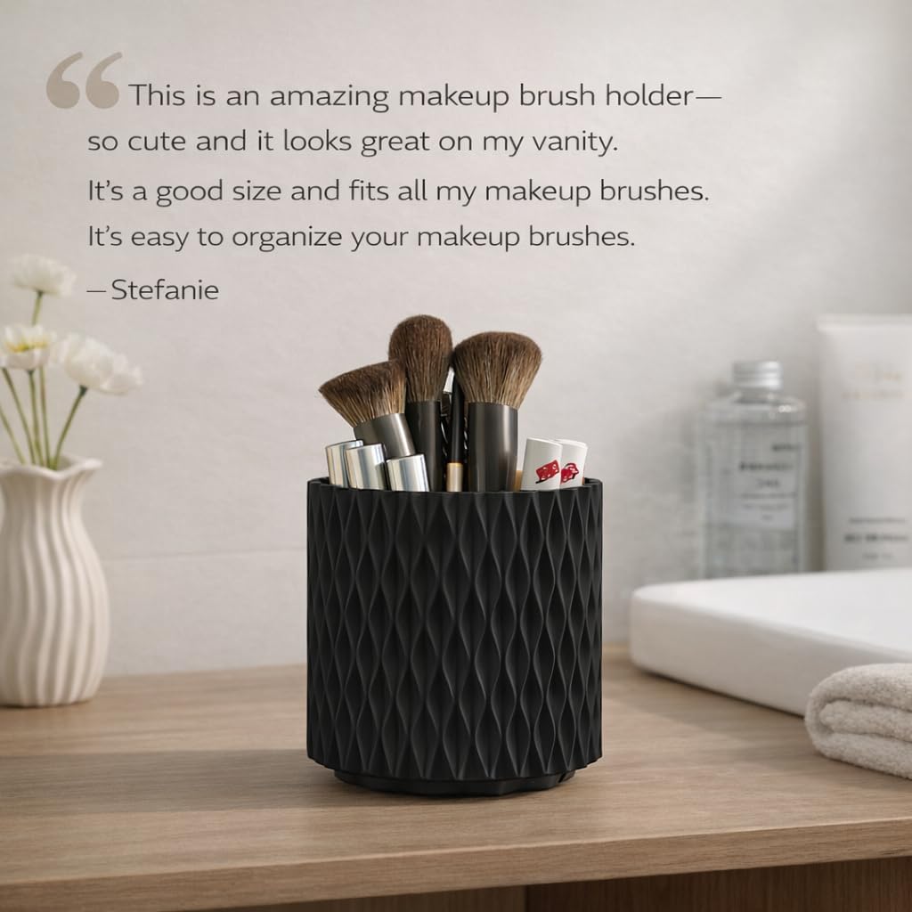 Black Makeup Brush Holder, 360° Rotating Makeup Organizer | 5-slot spinning vanity countertop caddy for makeup brushes, lipstick, hair brush & pens — bathroom, dorm & office - Image 9