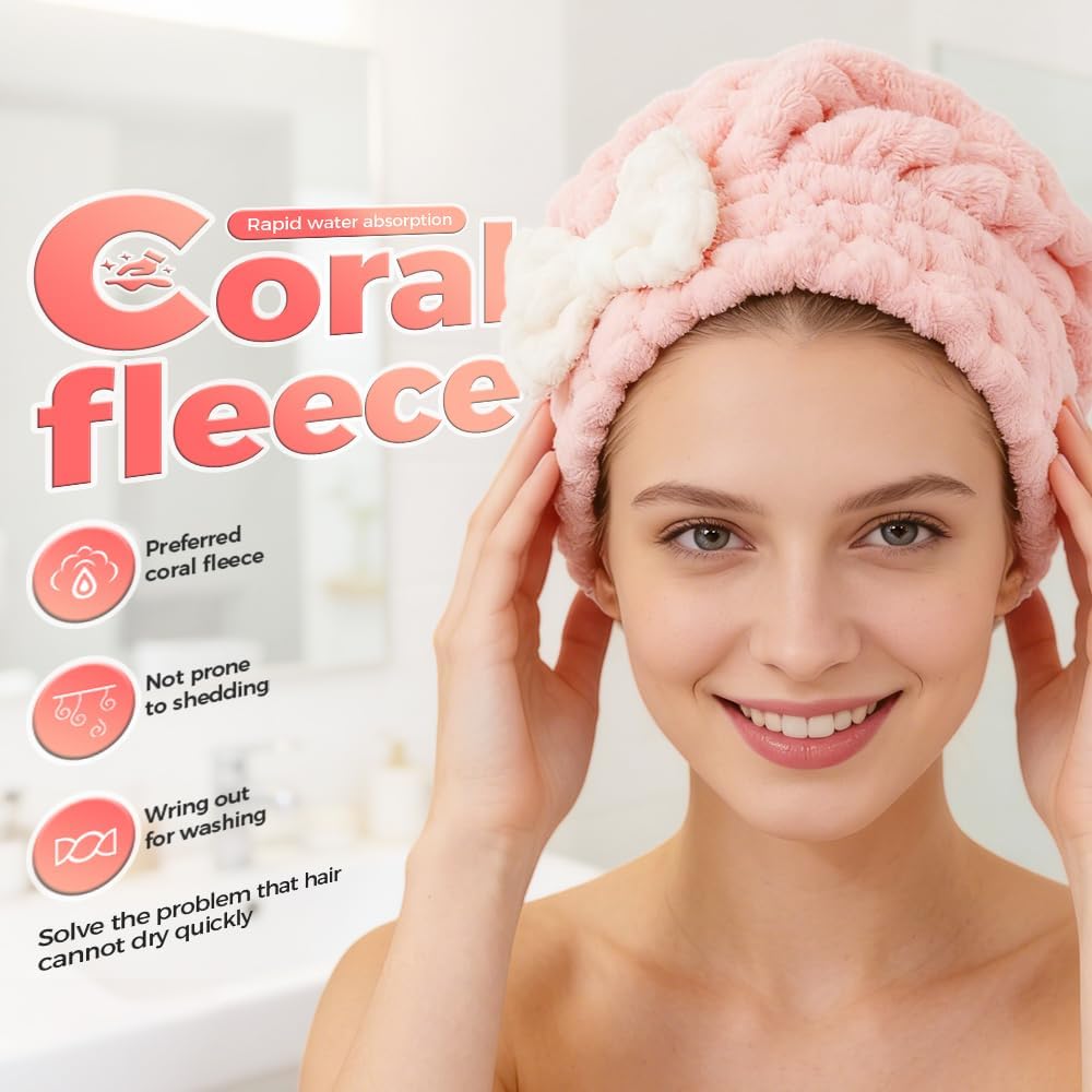 2 PCS Absorbent Hair Towel Wrap for Wet Hair, 2026 New Cute Bow Design Microfiber Hairs Towel, Dry Quick Hairs Turban Wrap for Home and Travel, Soft and Lightweight Shower Caps Women (White and Pink) - Image 2
