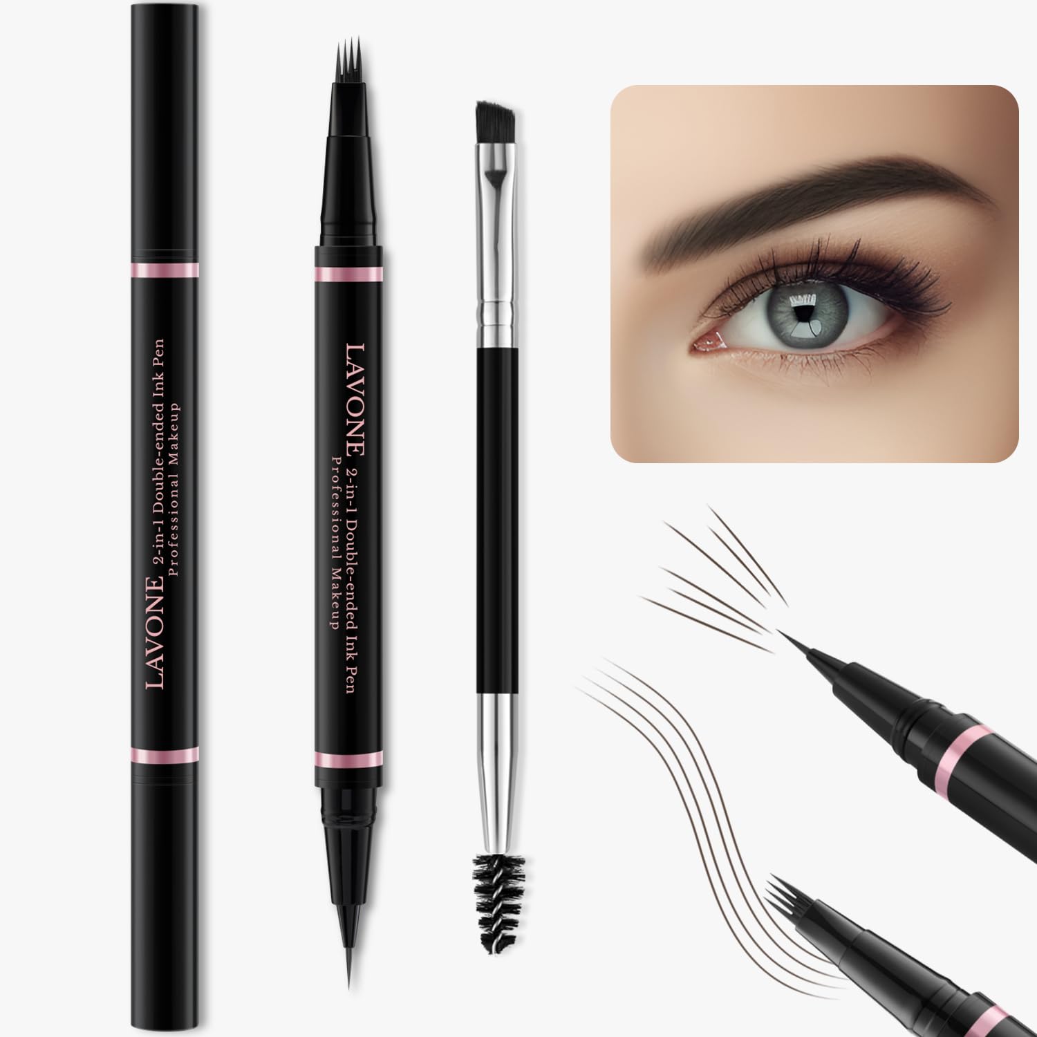 LAVONE Eyebrow Pen Kit,Waterproof Brow Pencil,Pomade,Eyeliner, Medium Brown | 4-in-1 eyebrow makeup kit, brow brush, long-lasting,smudge-proof,waterproof, eyebrow pencils for women, natural & full brows - Image 2