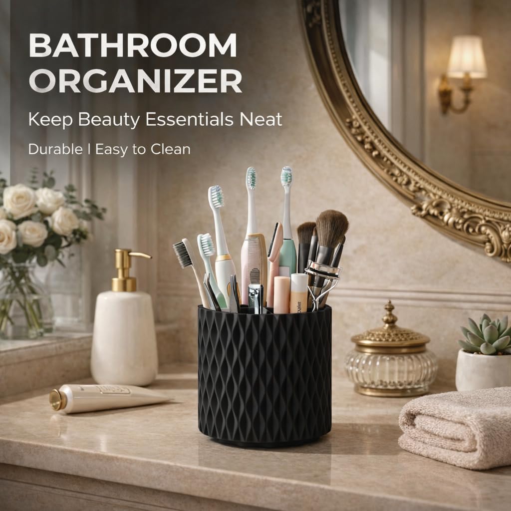 Black Makeup Brush Holder, 360° Rotating Makeup Organizer | 5-slot spinning vanity countertop caddy for makeup brushes, lipstick, hair brush & pens — bathroom, dorm & office - Image 7
