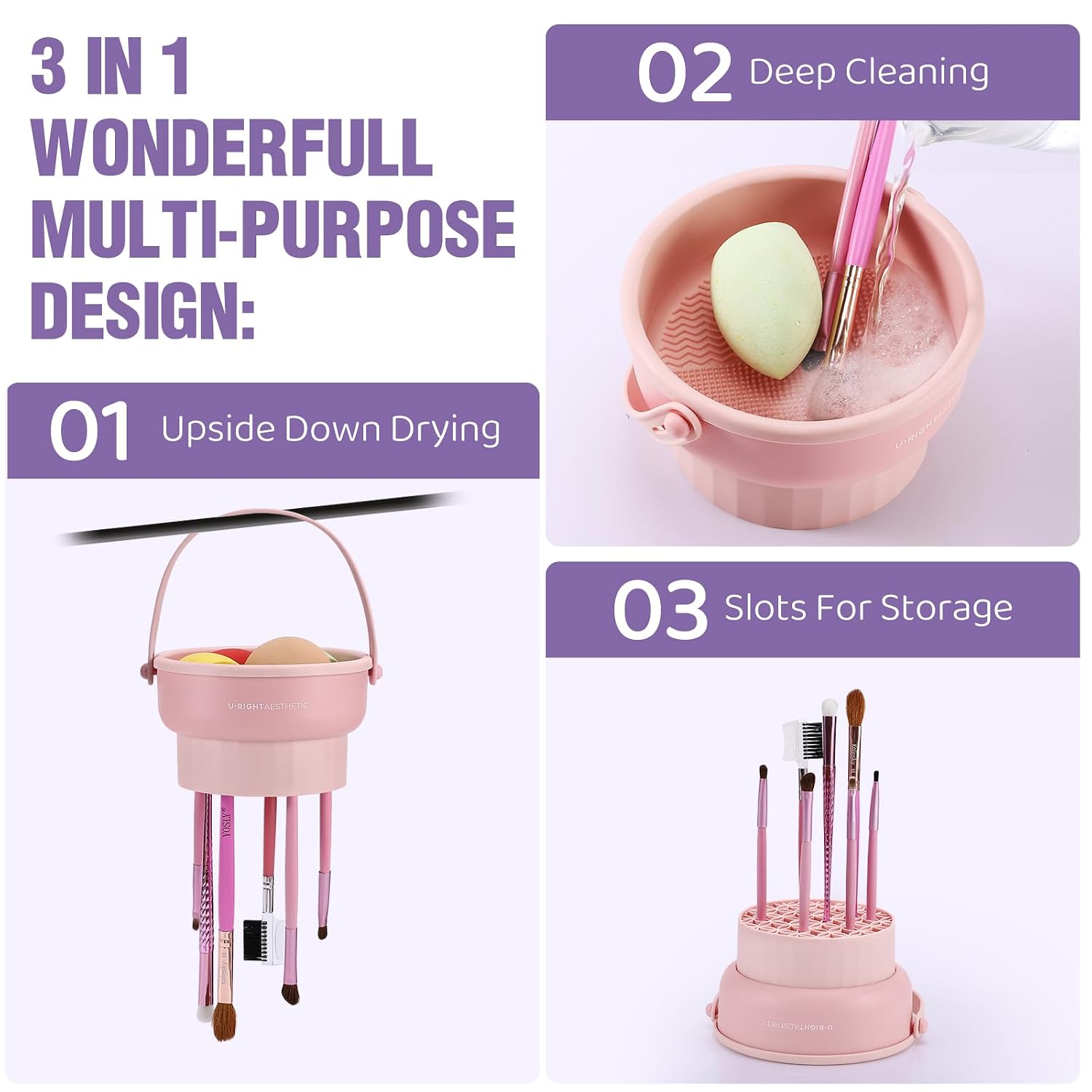 GOLIKEE Makeup Brush Cleaner Mat 3 in 1 Silicone Makeup Brush Cleaner Bowl Cosmetic Brushes Cleaning Tool Organizer for Storage and Air Drying(Khaki) - Image 2
