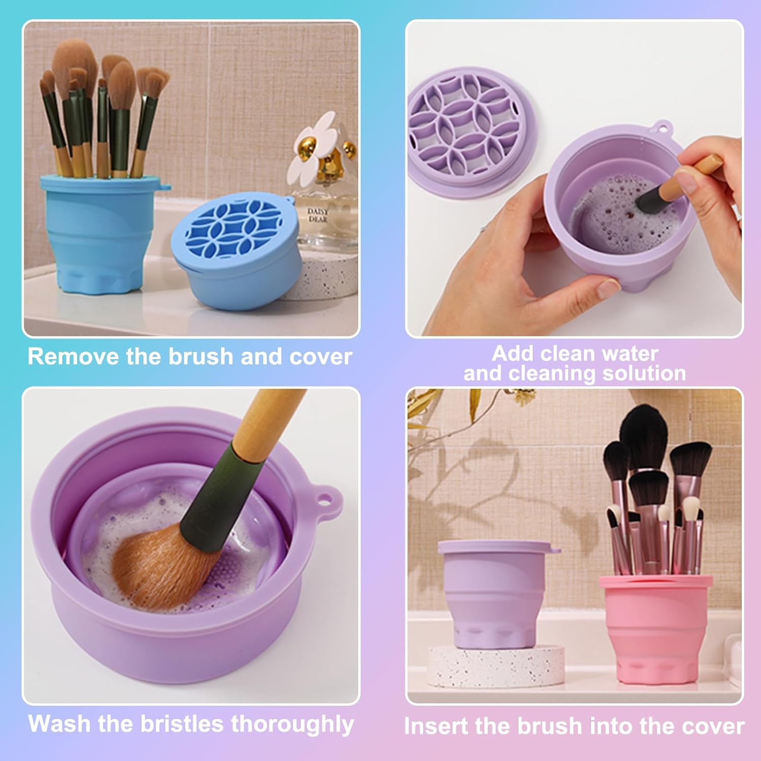 Makeup Brushes Cleaner Mat with Brush Storage Holder, Folding Portable Washing Tool for Makeup Brush Cleaning, 2 In 1 Silicone Brush Cleaner Pad & Cosmetic Brush Organizer Rack (Purple) - Image 4