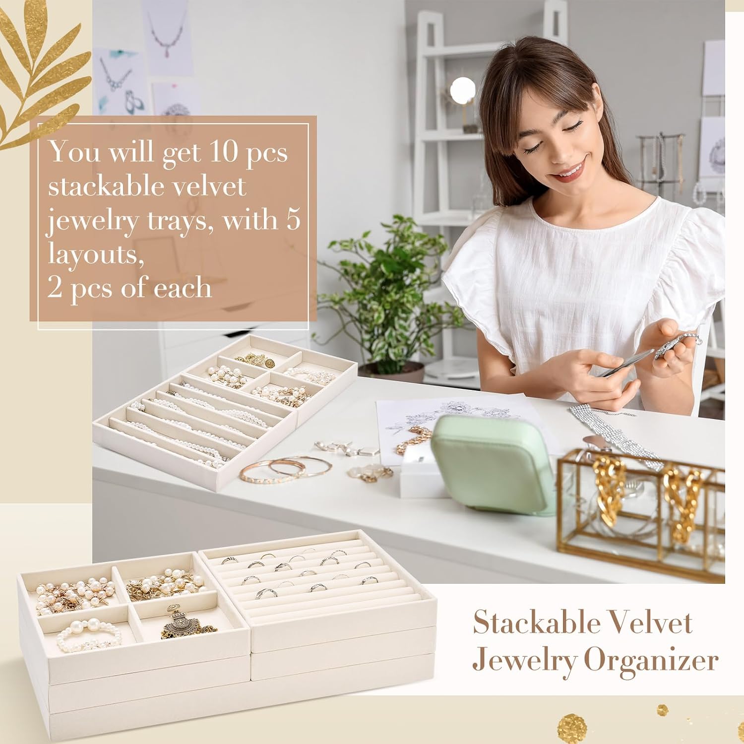 Cinnvoice Set of 10 Stackable Jewelry Organizer Trays for Drawer 14 Inch Velvet Jewelry Drawer Insert Display Storage with Removable Divider for Necklace Earring Ring Watch Bracelet (Beige) - Image 5