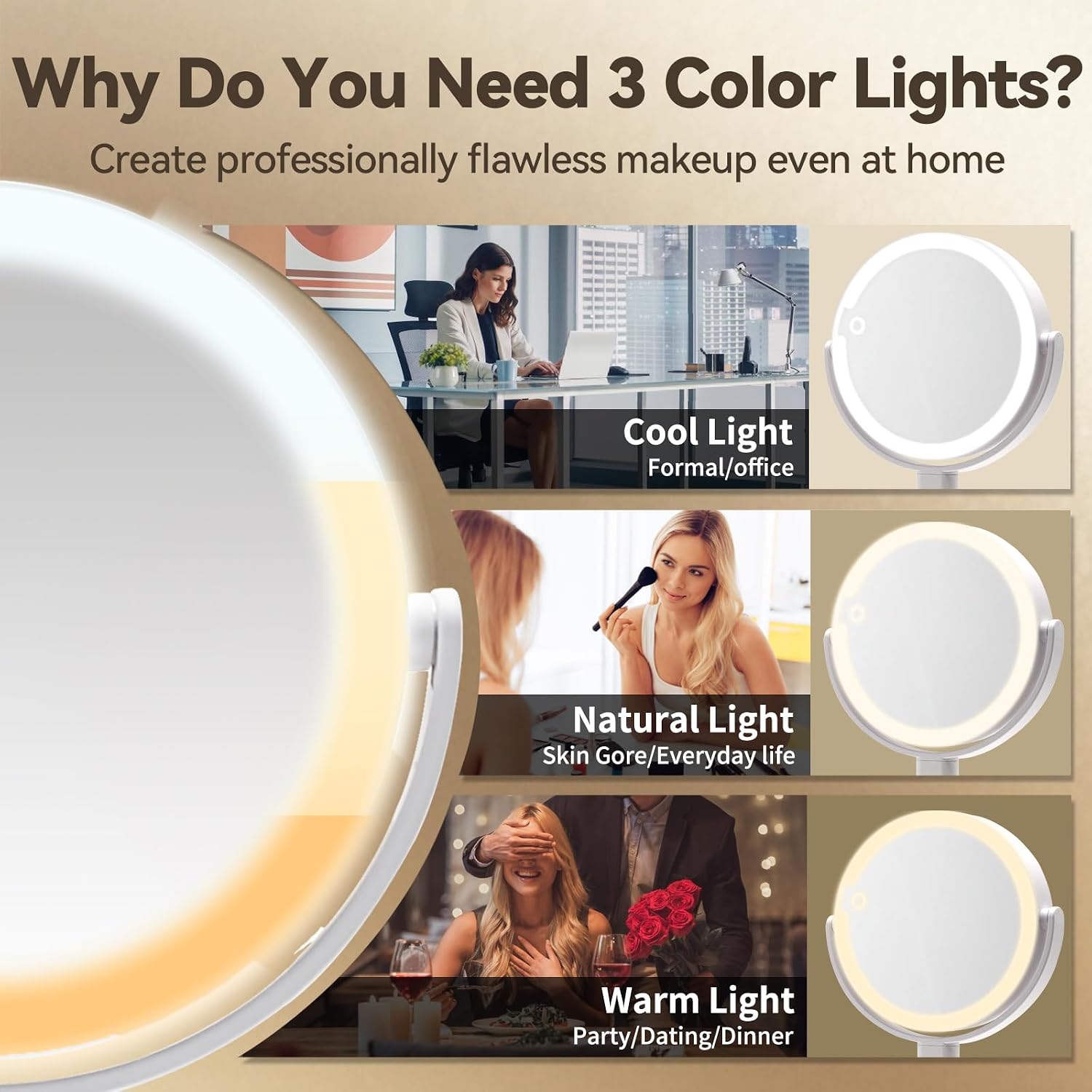 Makeup Mirror with Lights, Lighted Makeup Mirror with Magnification, 80 LED Vanity Mirror with Lights, 3 Color Modes & Stepless Dimming, Shatterp roof & Stable Base - Image 5