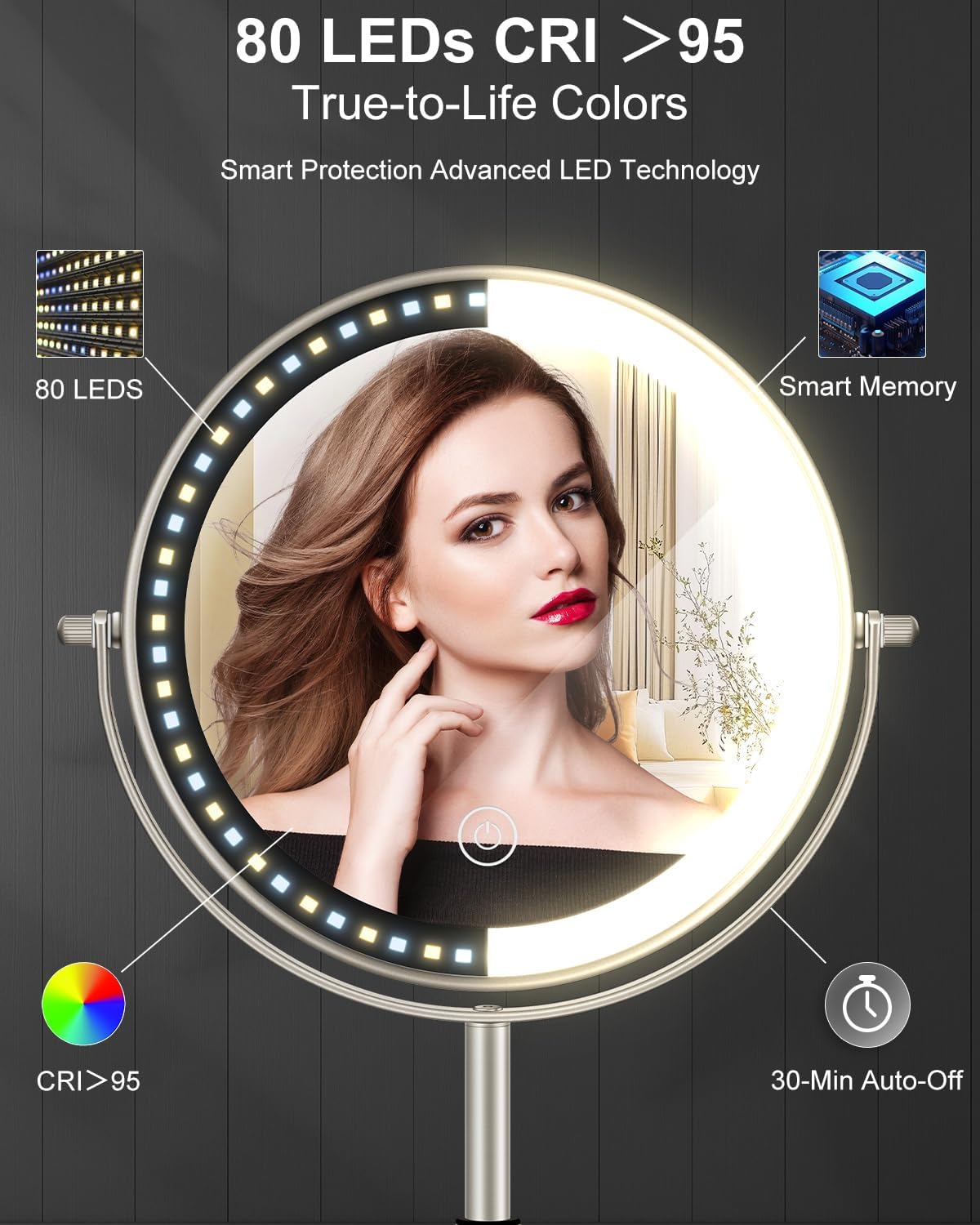 8" Lighted Makeup Mirror with Light,30X Magnifying Height Adjustable Mirror | 3000mAh Rechargeable Battery Vanity Mirrors with 3 LED Lighting Dimmable for Desk Dresser Office Women Gift - Image 8