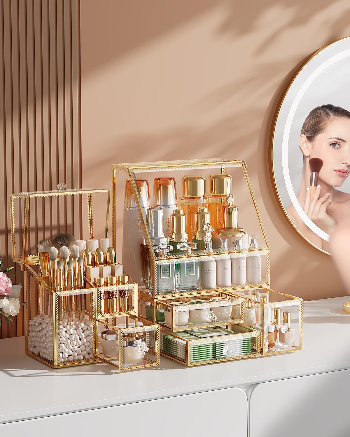 CoralHouse Glass Makeup Organizer with Brush Holder for Vanity | Clear Skincare Organizer for Vanity, Stackable, Large Capacity, for Makeup Lipstick Perfumes Brush Skincare - Image 5