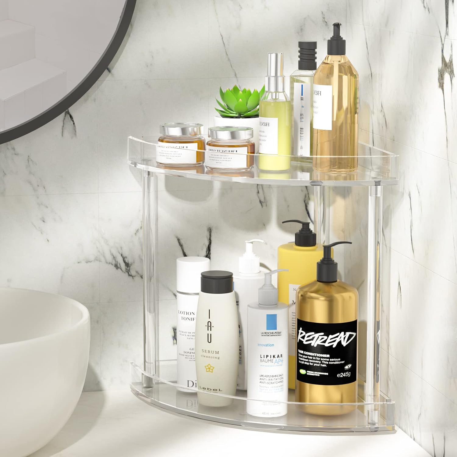 NPPLUS 2 Tier Acrylic Bathroom Counter Organizer, Clear Bathroom Countertop Corner Organizer, 2-Tier Corner Storage Shelf Vanity Trays, Home Storage Holder for Makeup Cosmetics Perfume Organizer - Image 2