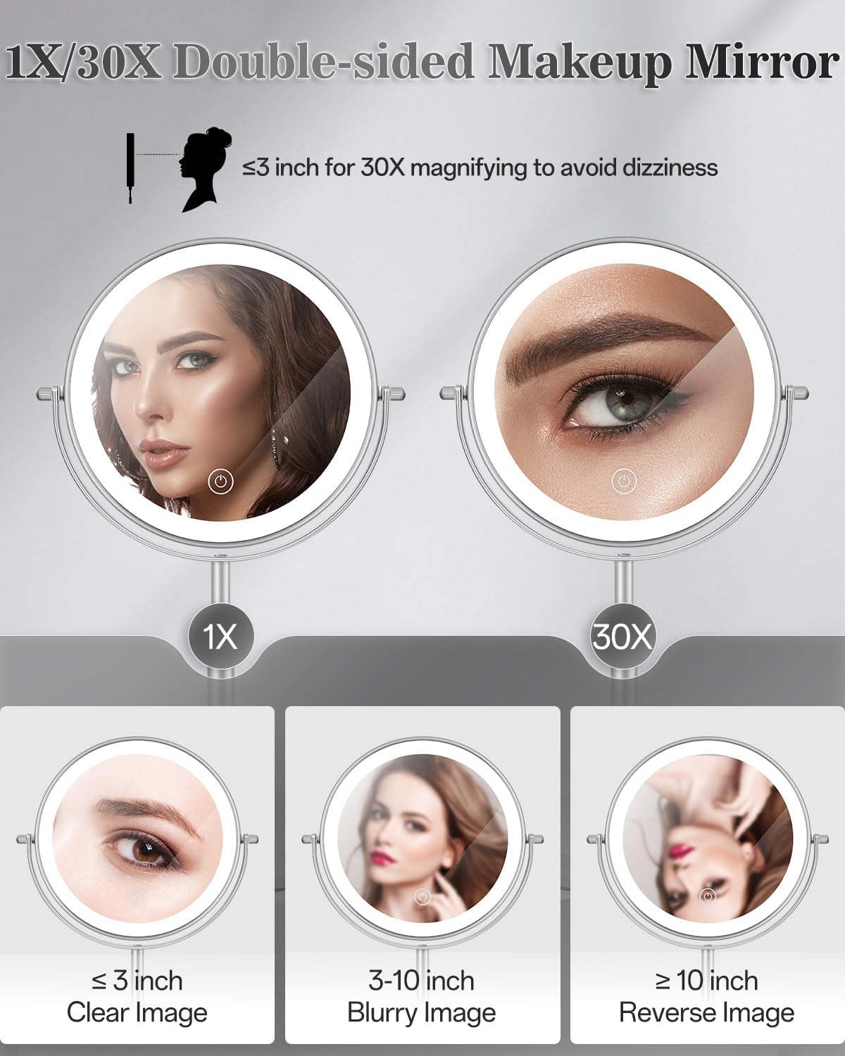 8" Lighted Makeup Mirror with Light,30X Magnifying Height Adjustable Mirror | 3000mAh Rechargeable Battery Vanity Mirrors with 3 LED Lighting Dimmable for Desk Dresser Office Women Gift - Image 3